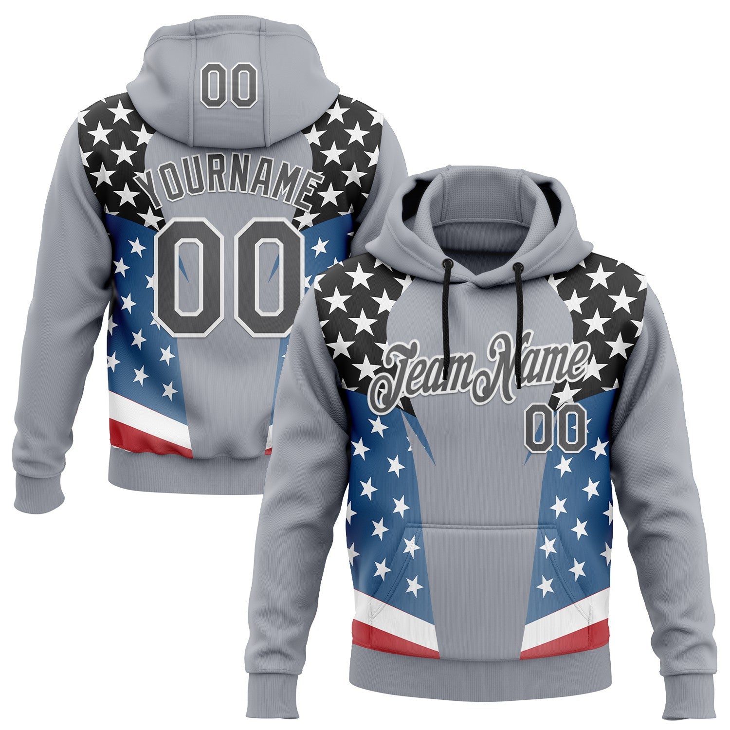 FansIdea Custom Stitched Gray Steel Gray Black Blue Red-White 3D Pattern Design American Flag Inspire Patriotic Sportswear Pullover Sweatshirt Hoodie - $32.99 at Proof Eyewear