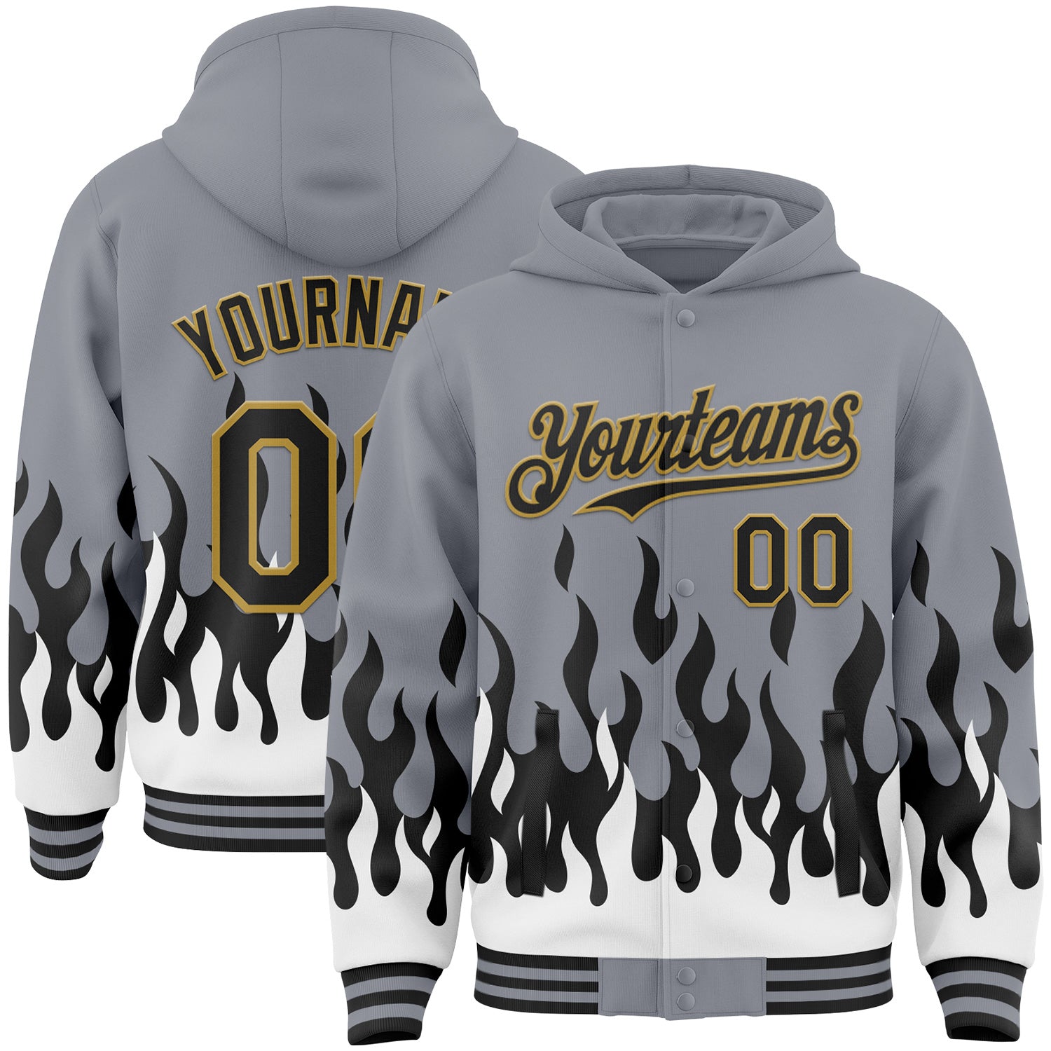 FansIdea Custom Gray Black White-Old Gold Fire Flame Bomber Full-Snap Varsity Letterman Hoodie Jacket - $38.99 at Proof Eyewear