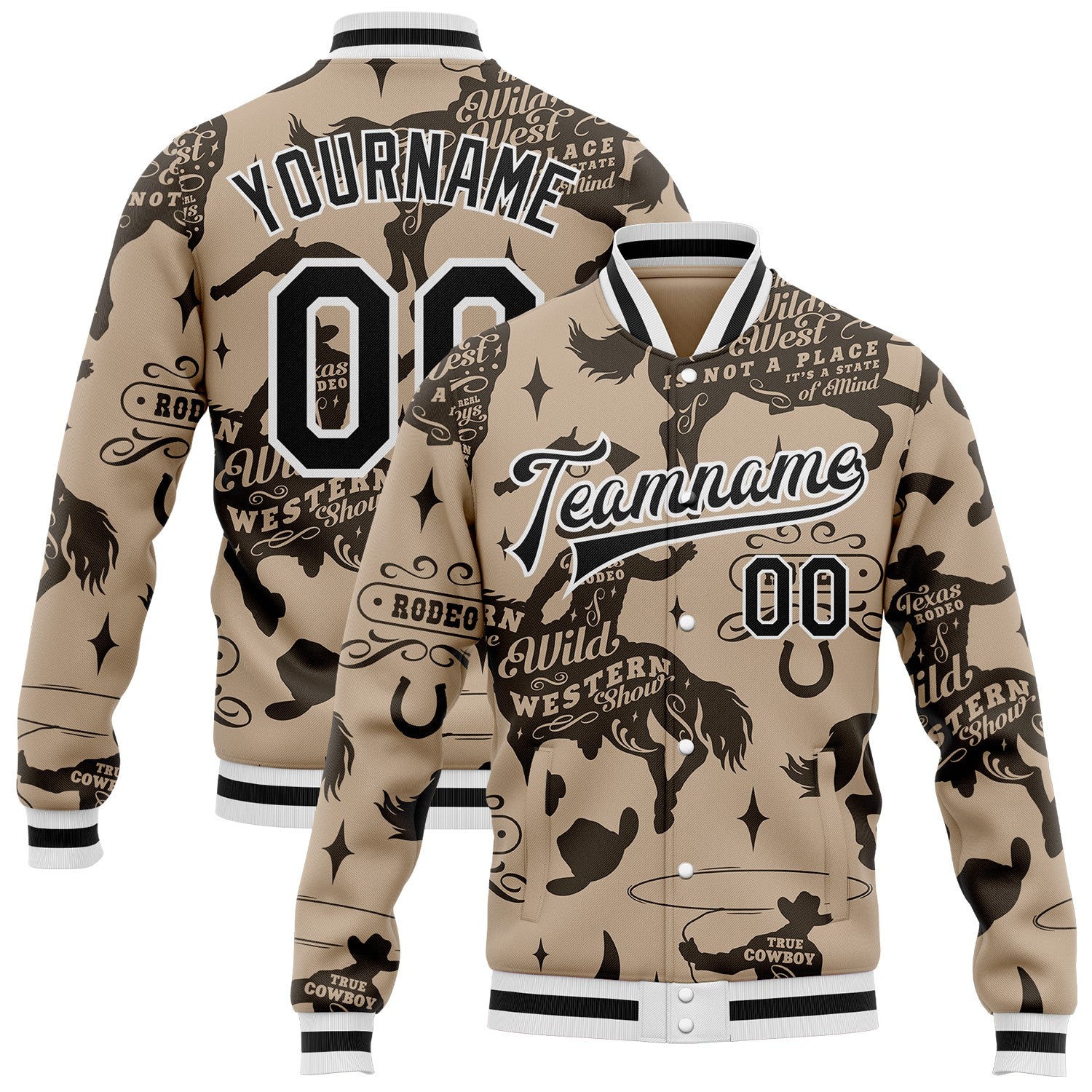 FansIdea Custom Gray Black-White Vintage Wild Western Cowboy Bomber Full-Snap Varsity Letterman Jacket - $38.99 at Proof Eyewear