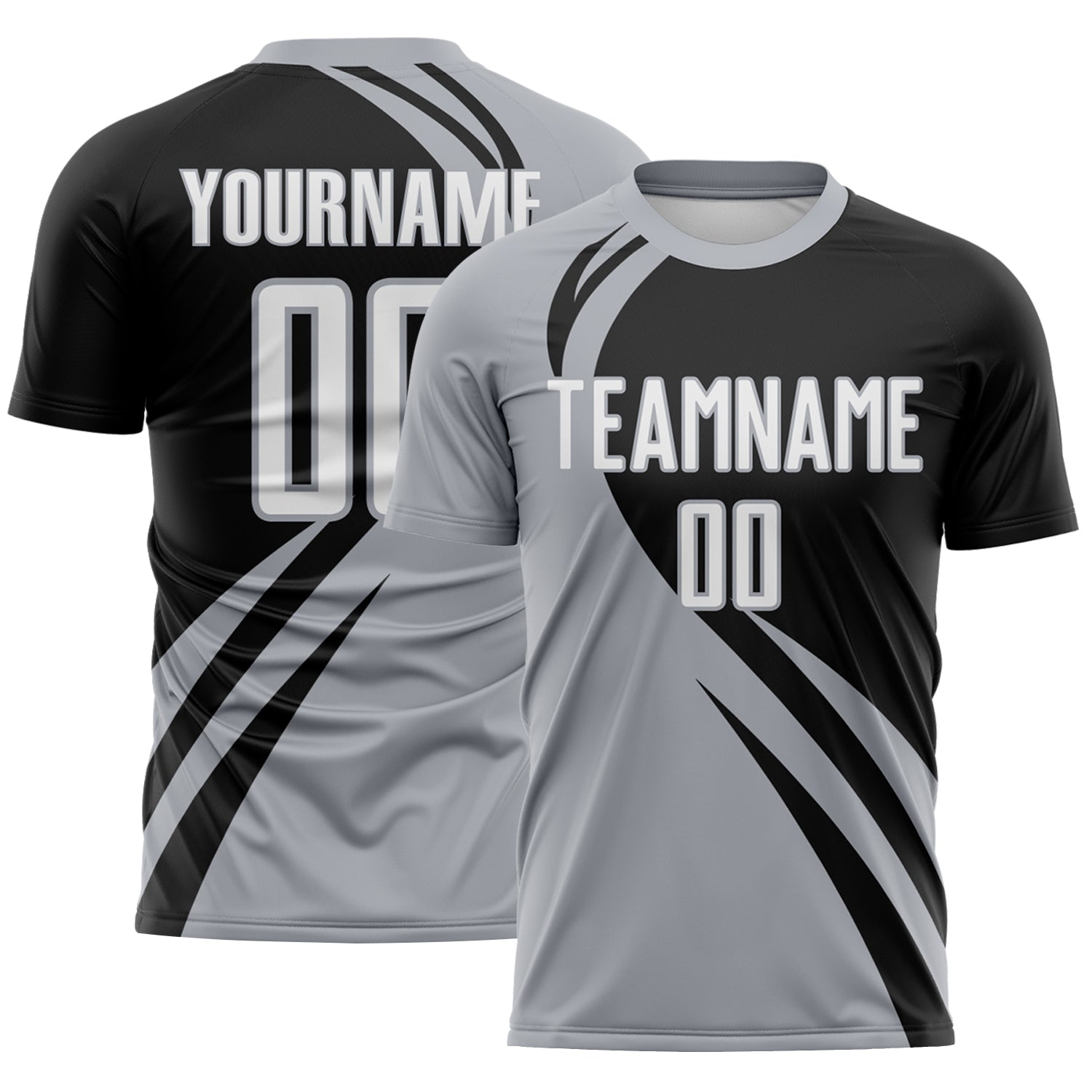 FansIdea Custom Gray White-Black Diagonal Streamline Color Block Swirl Curve Lines Sublimation Soccer Uniform Jersey - $16.99 at Proof Eyewear
