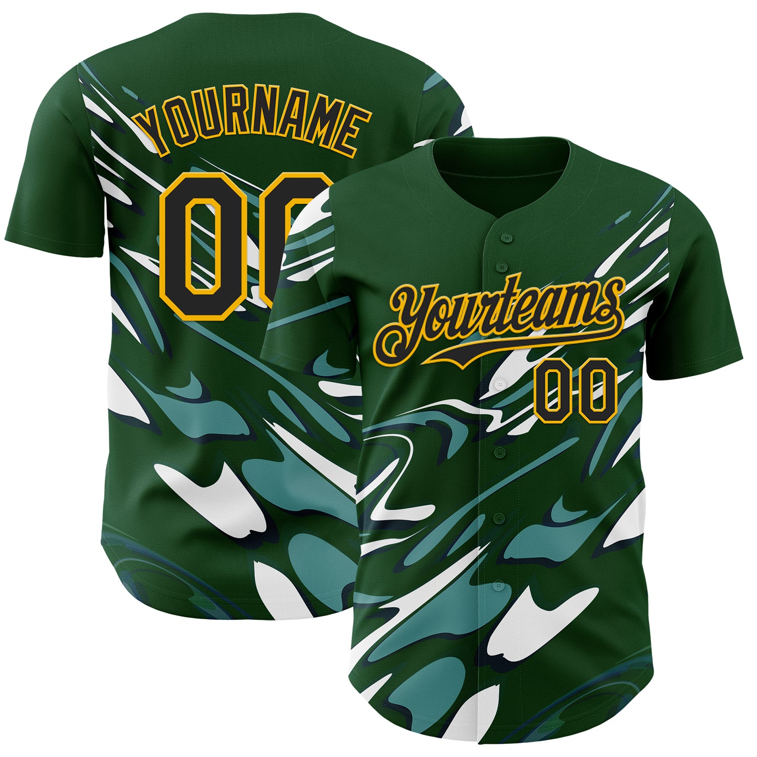 FansIdea Custom Green Black-Gold Geometric Patchwork Asymmetry Fluid Swirl Authentic Baseball Jersey - $29.99 at Proof Eyewear