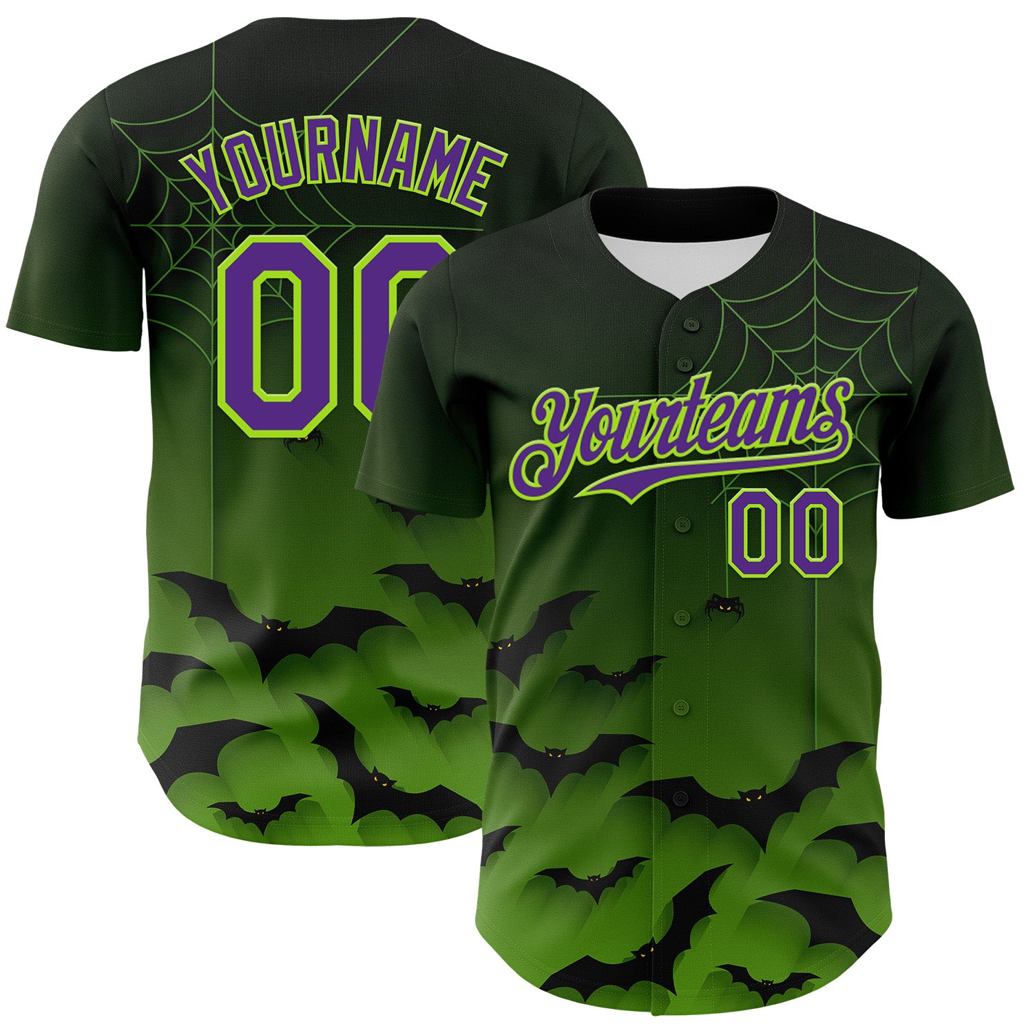 FansIdea Custom Green Purple Black-Neon Green 3D Halloween Spider Net Bats Party Costume Ideas Authentic Baseball Jersey - $29.99 at Proof Eyewear
