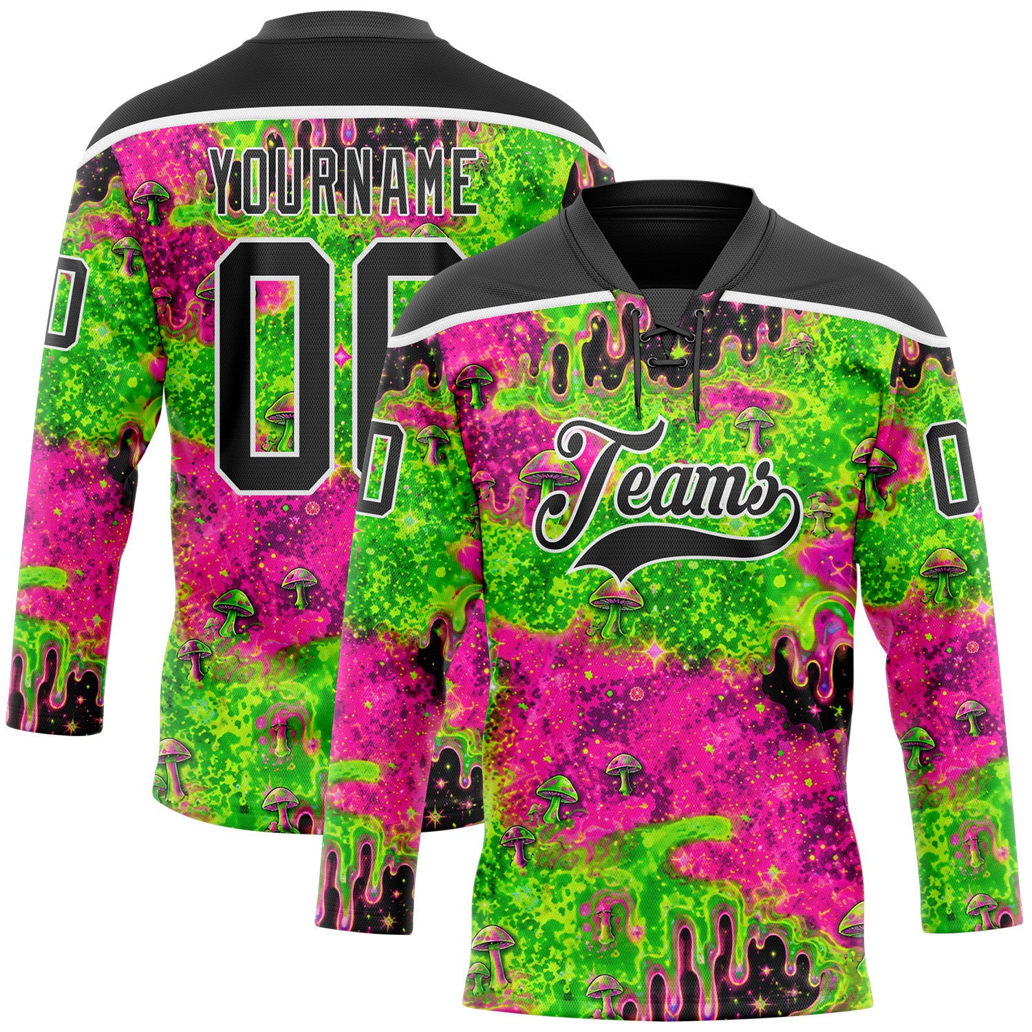 FansIdea Custom Green Black Pink-White Melting Psychedelic Mushroom Lace Neck Hockey Jersey - $29.99 at Proof Eyewear