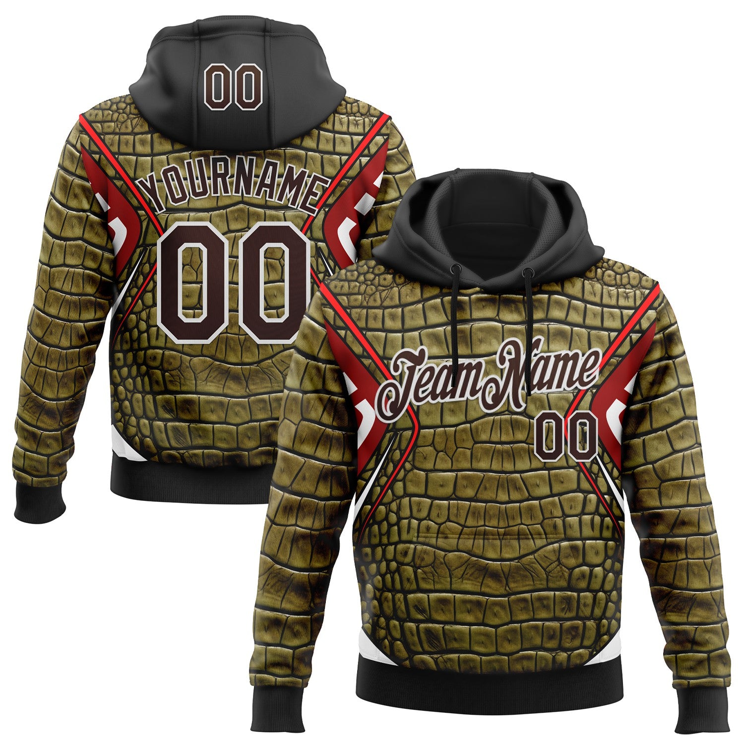 FansIdea Custom Stitched Green Brown Black Red-White 3D Pattern Design Crocodile Skin Print Sportswear Pullover Sweatshirt Hoodie - $32.99 at Proof Eyewear