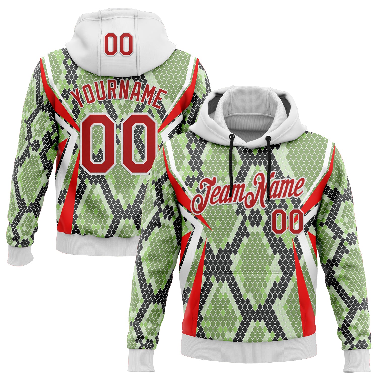 FansIdea Custom Stitched Green Red Black-White 3D Pattern Design Snake Skin Print Sportswear Pullover Sweatshirt Hoodie - $32.99 at Proof Eyewear