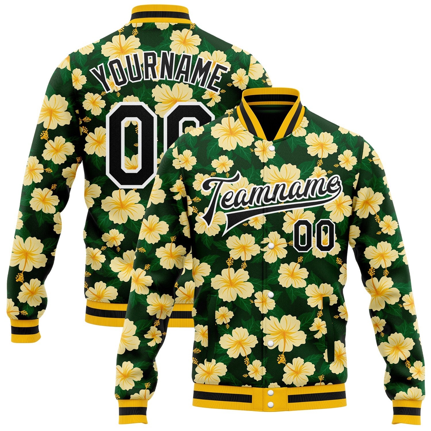 FansIdea Custom Green Black-White Hawaiian Tropical State Flower Hibiscus Bomber Full-Snap Varsity Letterman Jacket - $38.99 at Proof Eyewear