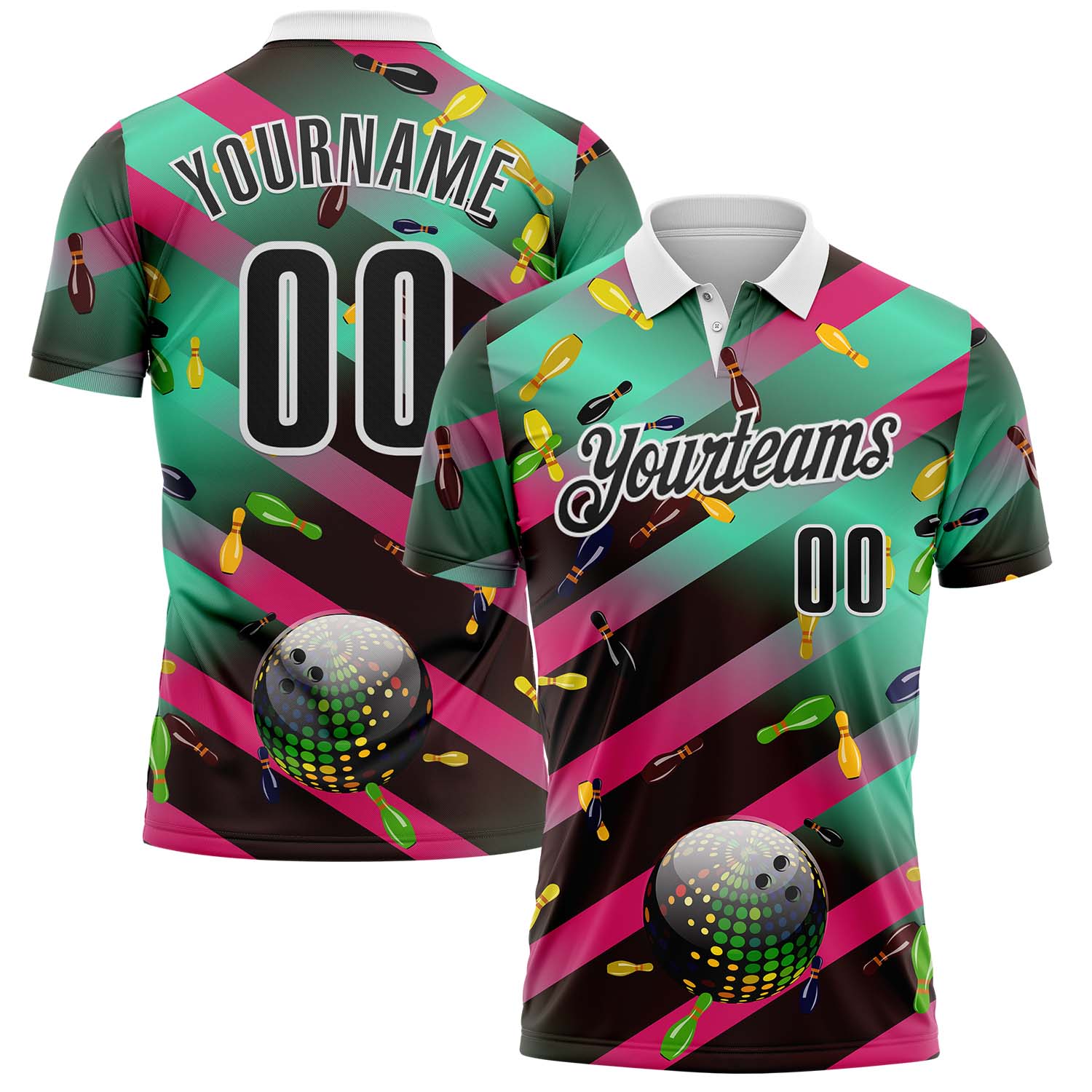 FansIdea Custom Green Black Hot Pink-White Bowling Disco Neon Strip Performance Polo Shirt - $19.99 at Proof Eyewear
