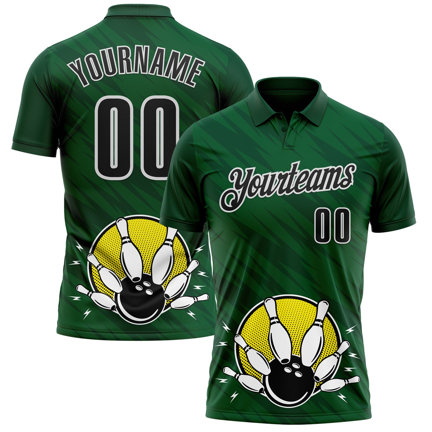 FansIdea Custom Green Black-White Bowling Ball And Pins Strike Performance Polo Shirt - $19.99 at Proof Eyewear