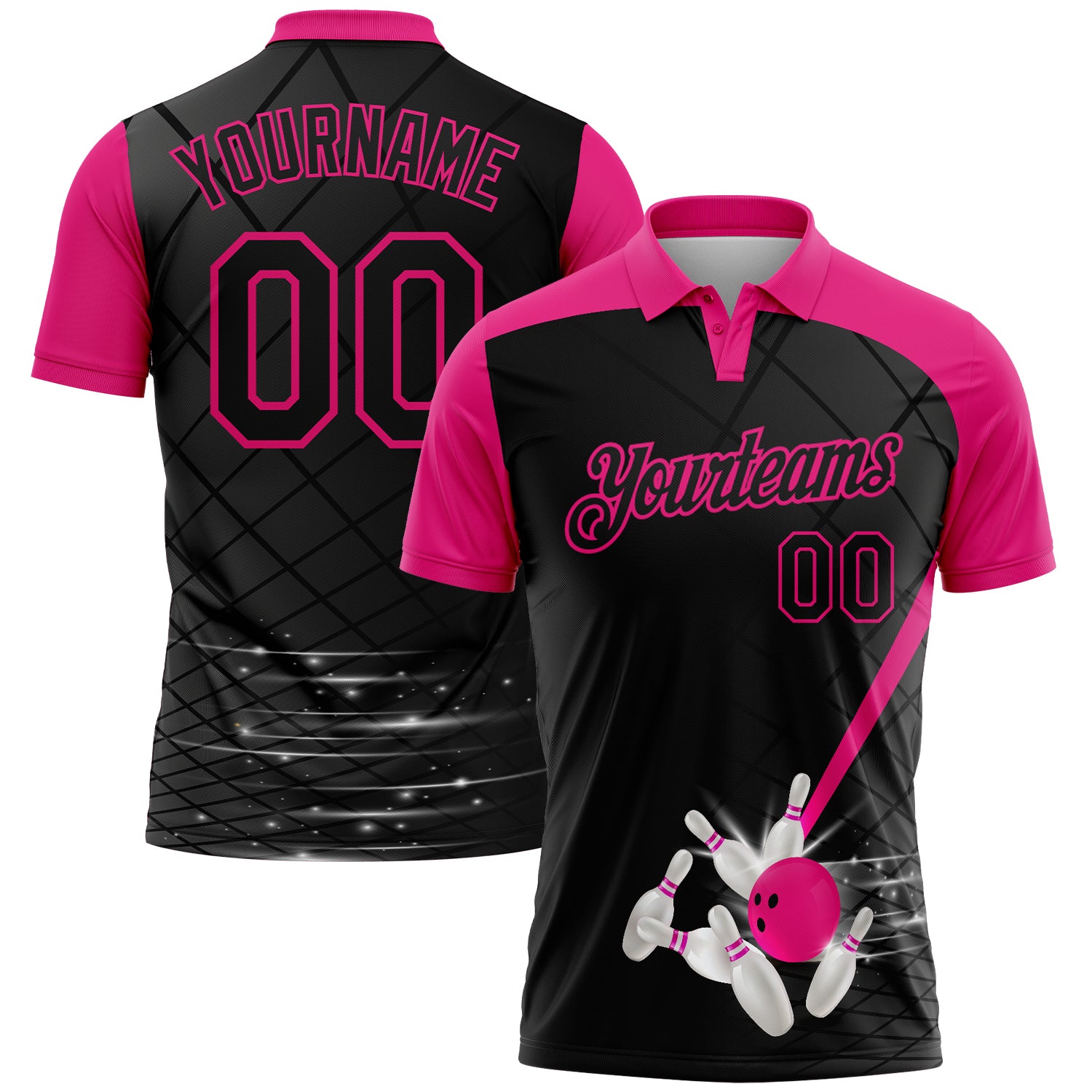 FansIdea Custom Black-Hot Pink Bowling Geometric Grid Performance Polo Shirt - $19.99 at Proof Eyewear