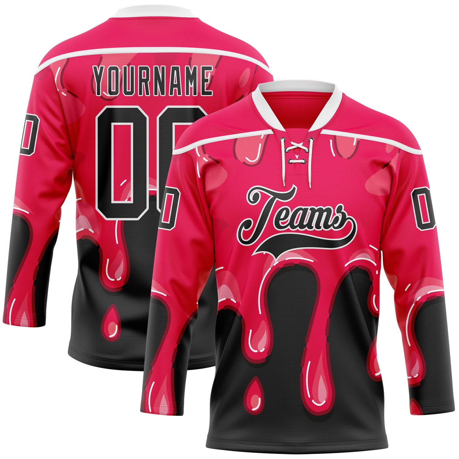 FansIdea Custom Hot Pink Black-White Melting Dripping Strawberry Lace Neck Hockey Jersey - $29.99 at Proof Eyewear
