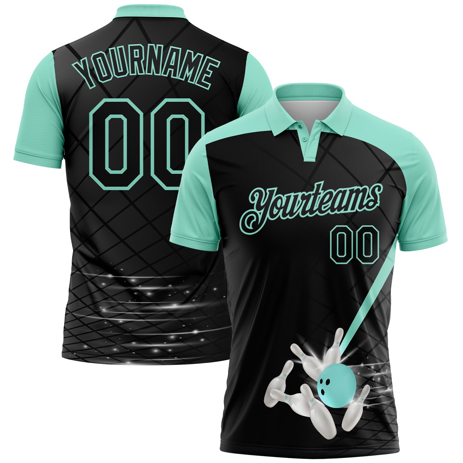 FansIdea Custom Black-Ice Blue Bowling Geometric Grid Performance Polo Shirt - $19.99 at Proof Eyewear