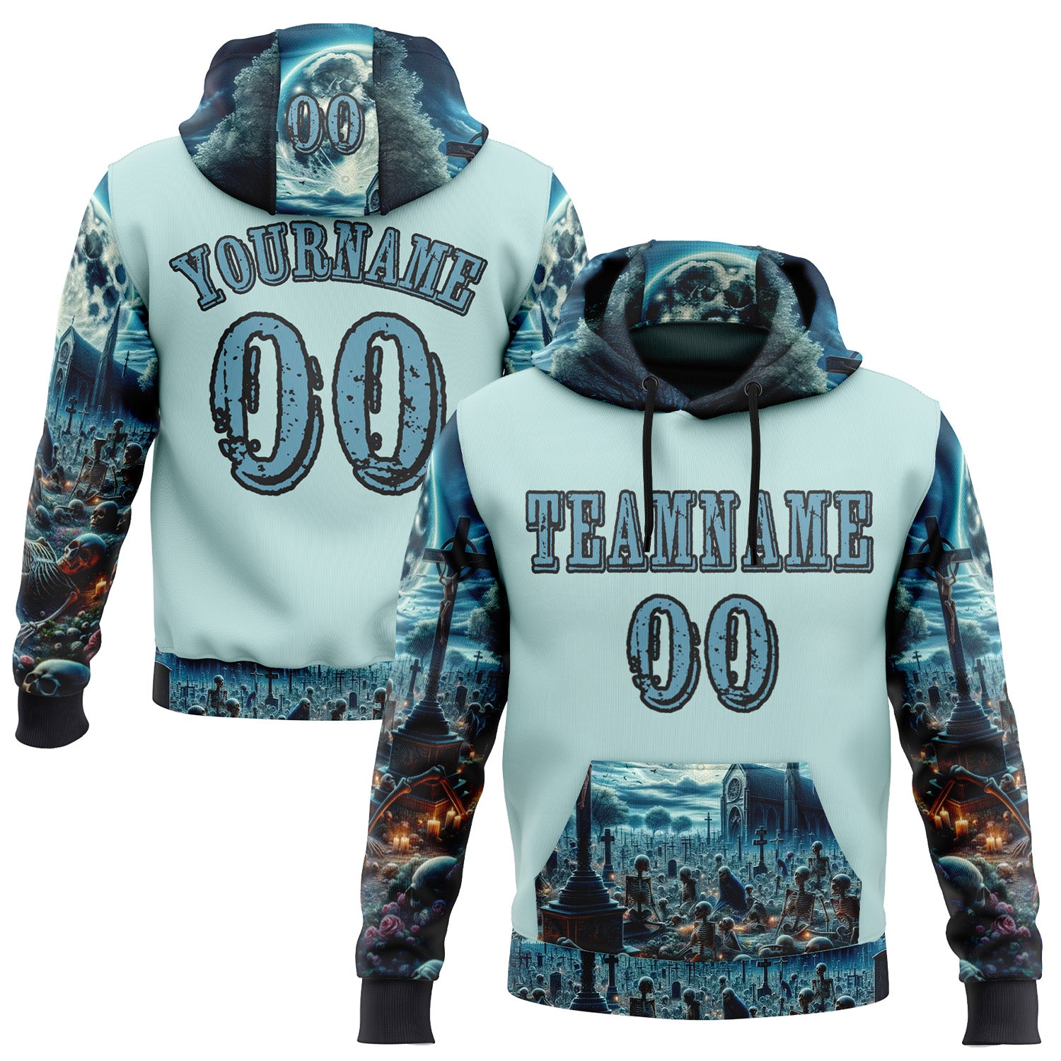 FansIdea Custom Ice Blue Shadow Blue-Black 3D Skull Cemetery Sports Pullover Sweatshirt Hoodie - $32.99 at Proof Eyewear