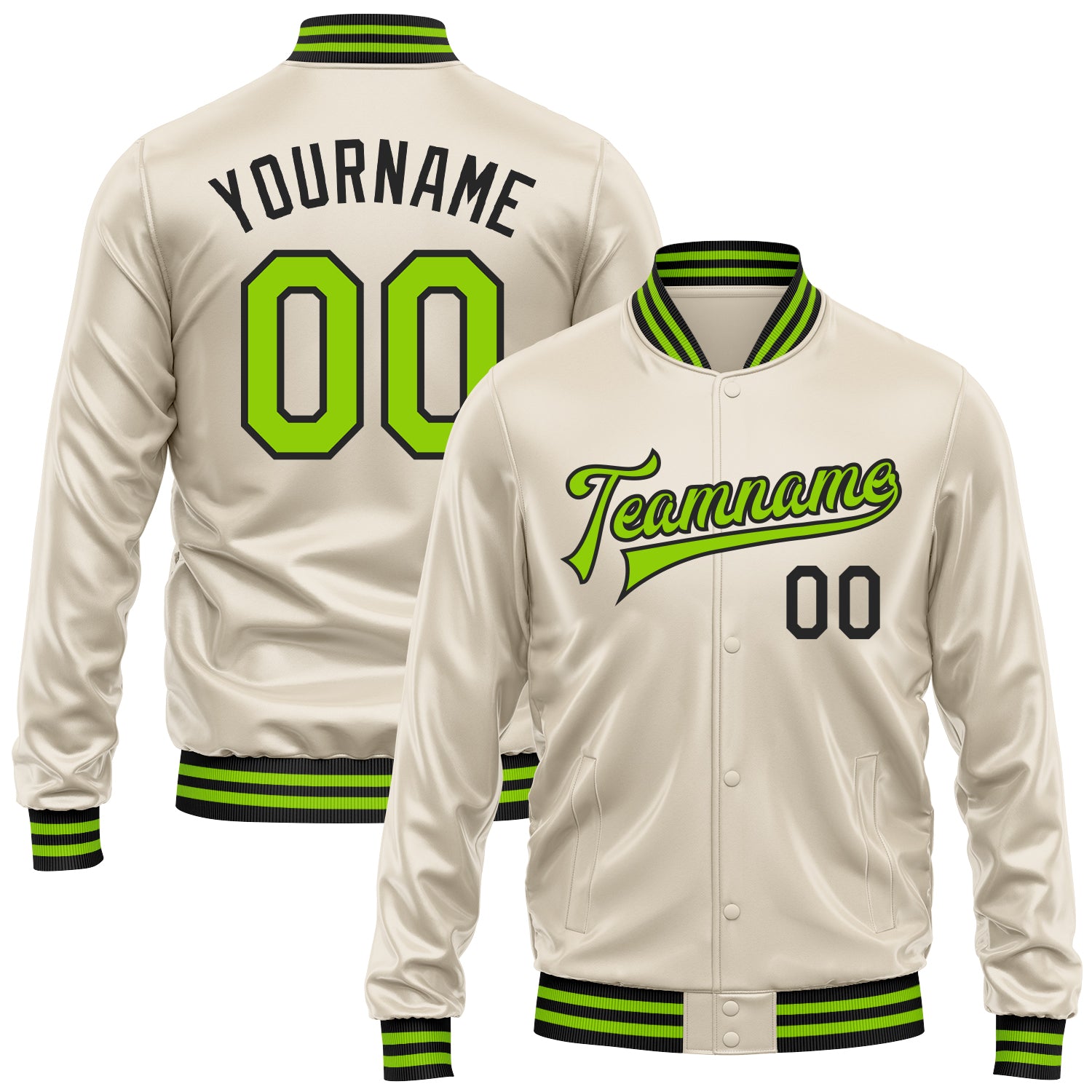 FansIdea Custom Cream Neon Green-Black Bomber Full-Snap Varsity Faux Leather Letterman Jacket - $38.99 at Proof Eyewear