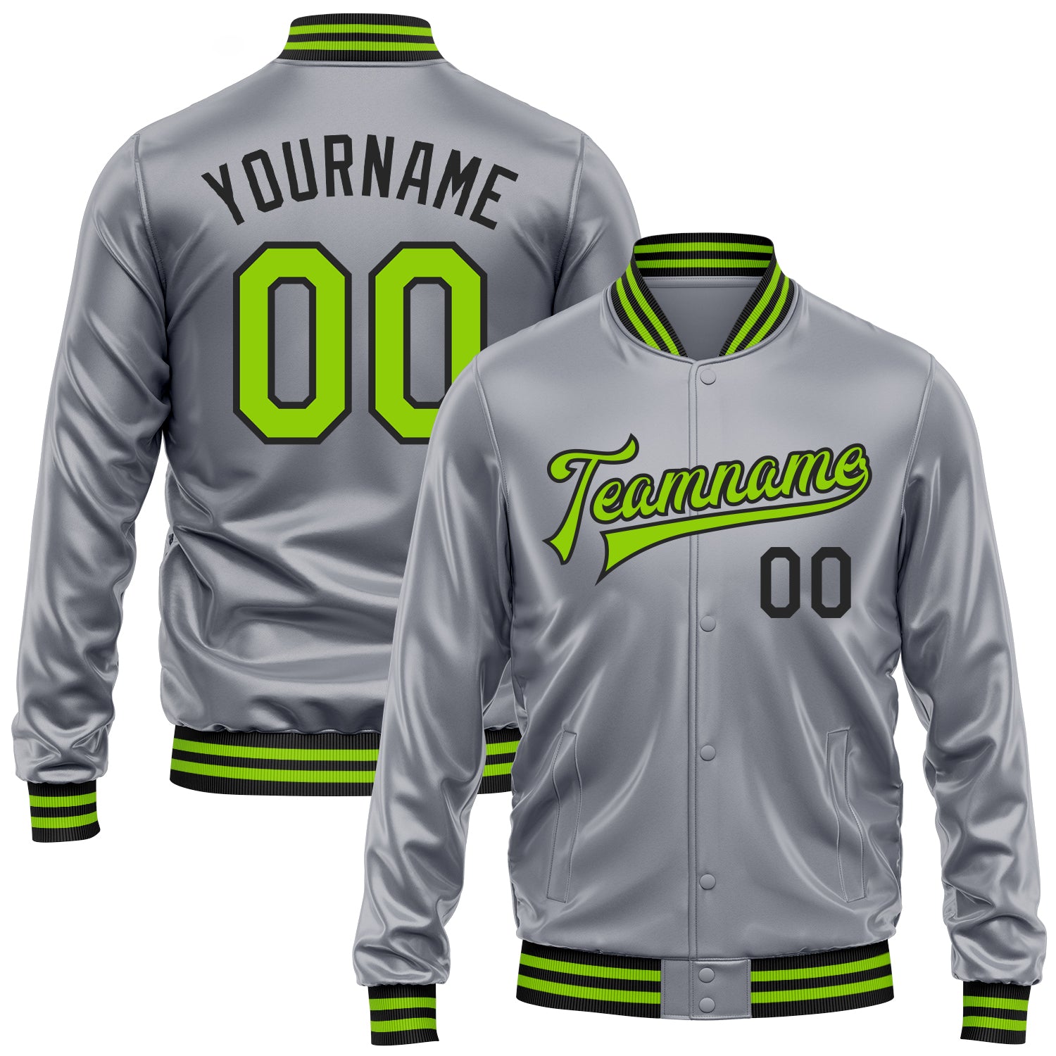 FansIdea Custom Gray Neon Green-Black Bomber Full-Snap Varsity Faux Leather Letterman Jacket - $38.99 at Proof Eyewear