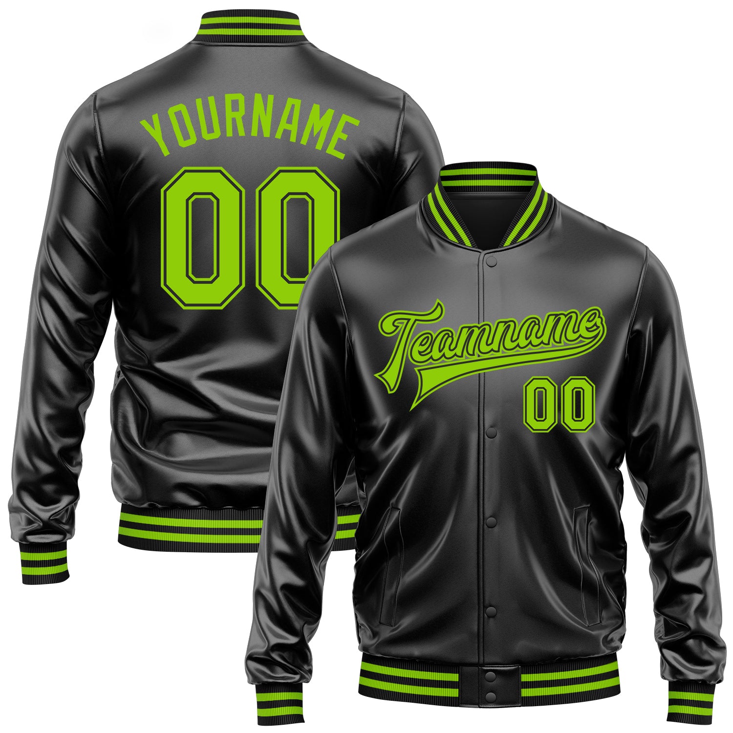 FansIdea Custom Black Neon Green-Black Bomber Full-Snap Varsity Faux Leather Letterman Jacket - $38.99 at Proof Eyewear