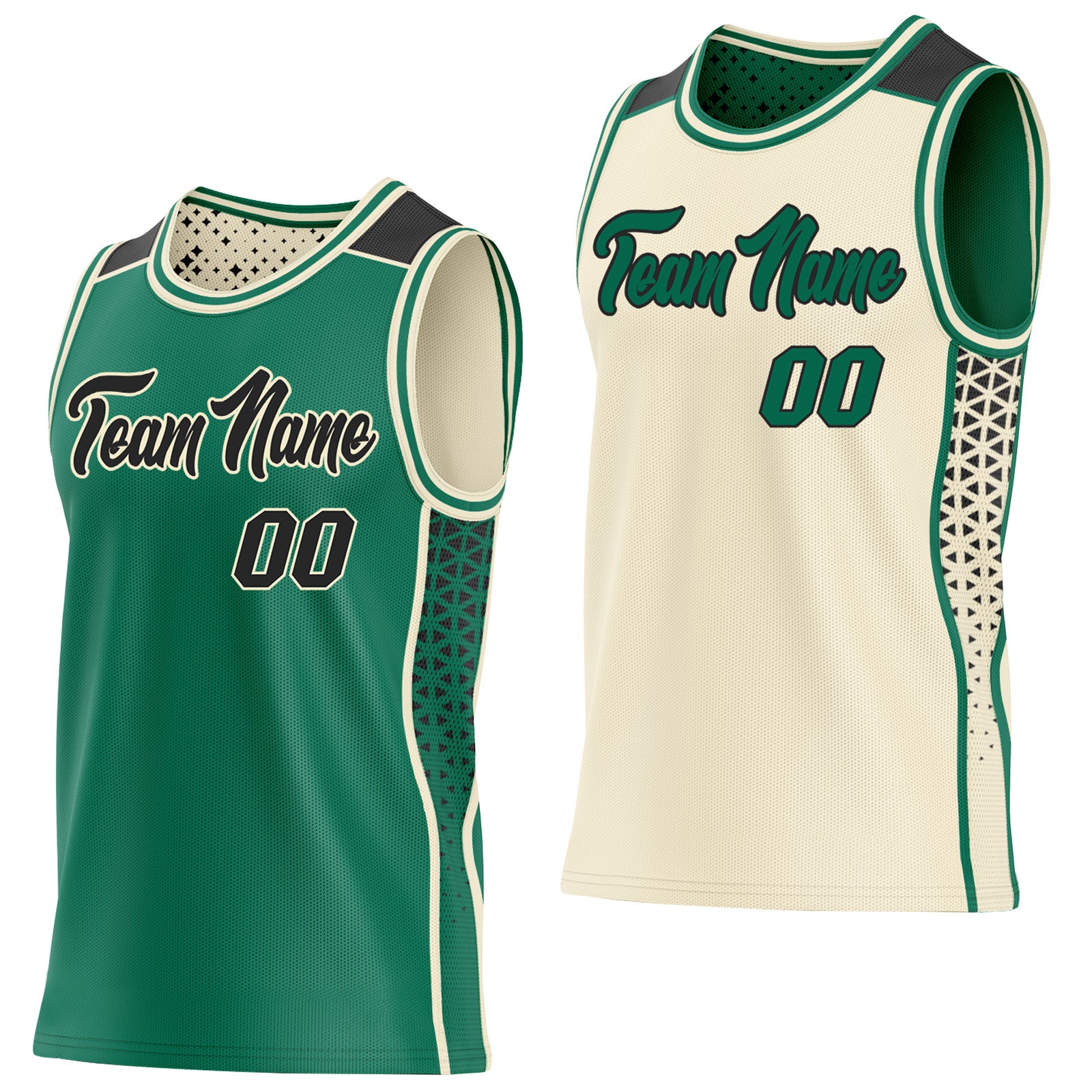 FansIdea Custom Kelly Green Black-Cream Side Panel Stripe Geometric Triangle Gradient Dot Reversible Double Side Sublimation Basketball Set Jersey - $17.99 at Proof Eyewear