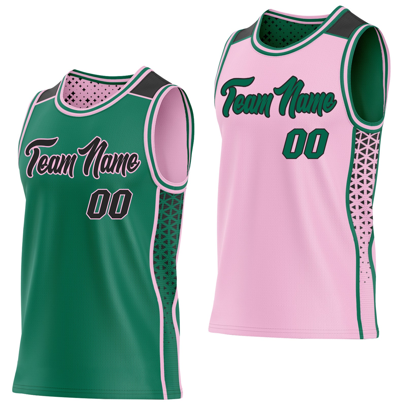 FansIdea Custom Kelly Green Black-Light Pink Side Panel Stripe Geometric Triangle Gradient Dot Reversible Double Side Sublimation Basketball Set Jersey - $17.99 at Proof Eyewear