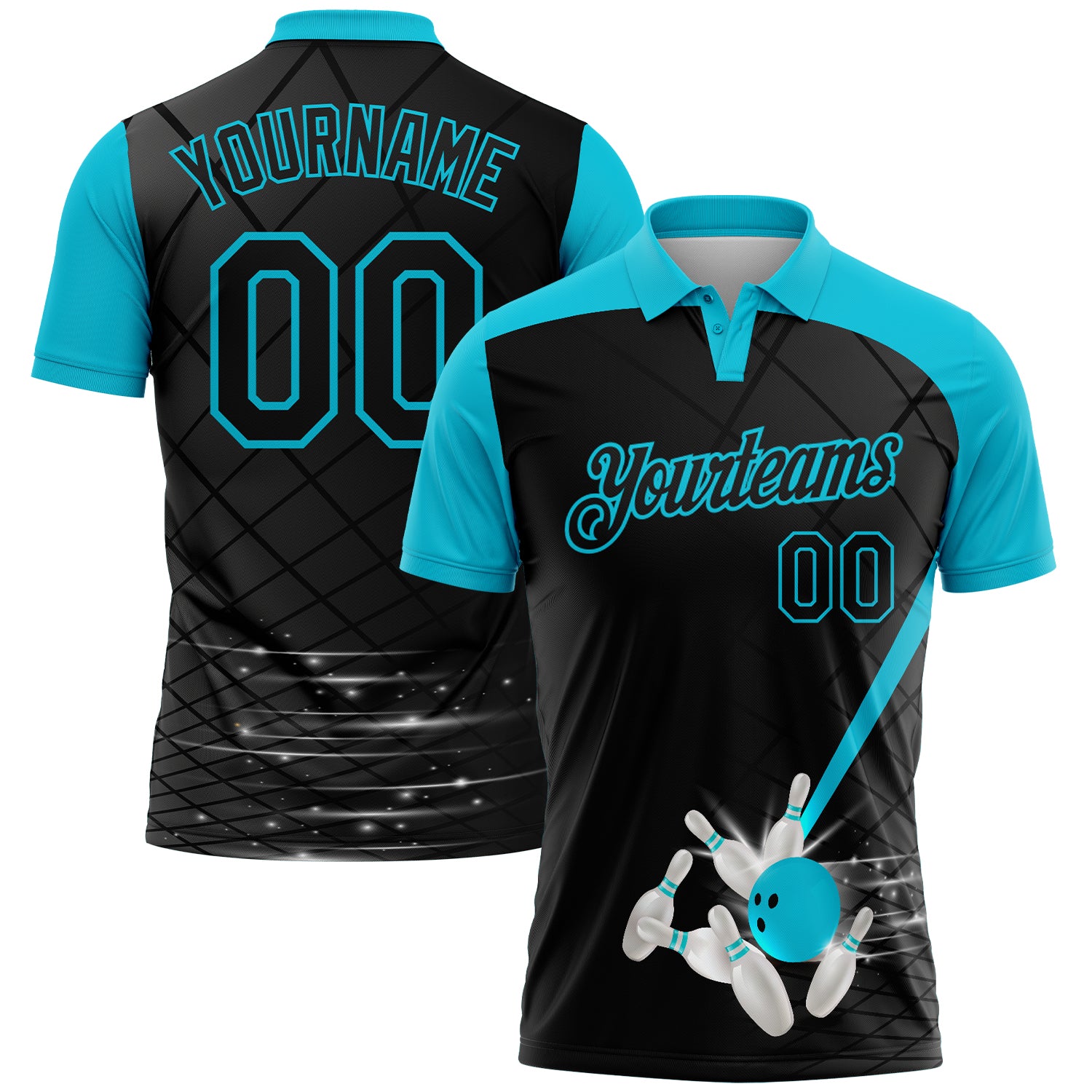 FansIdea Custom Black-Lakes Blue Bowling Geometric Grid Performance Polo Shirt - $19.99 at Proof Eyewear