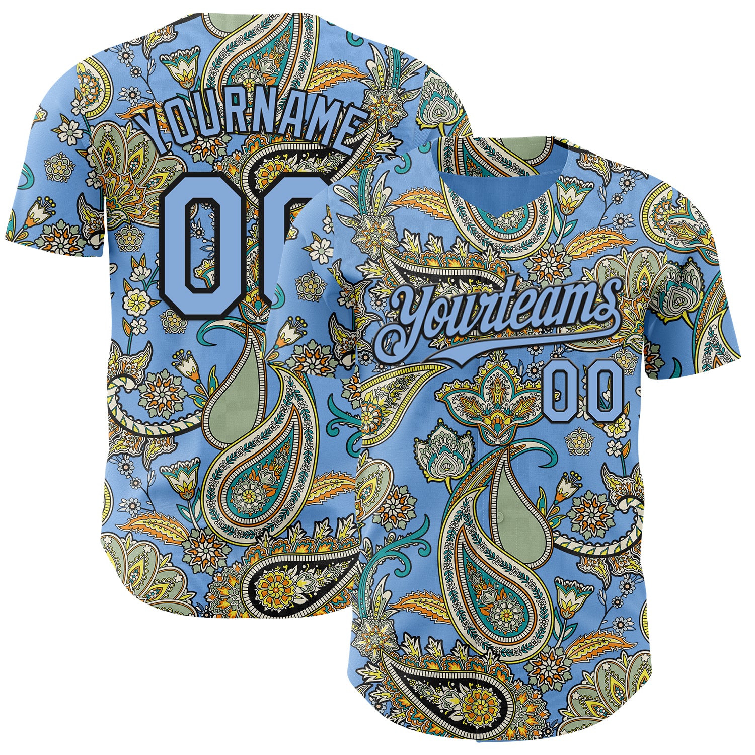 FansIdea Custom Light Blue Black Rave Party Ethnic Paisley Bandana Authentic Baseball Jersey - $29.99 at Proof Eyewear