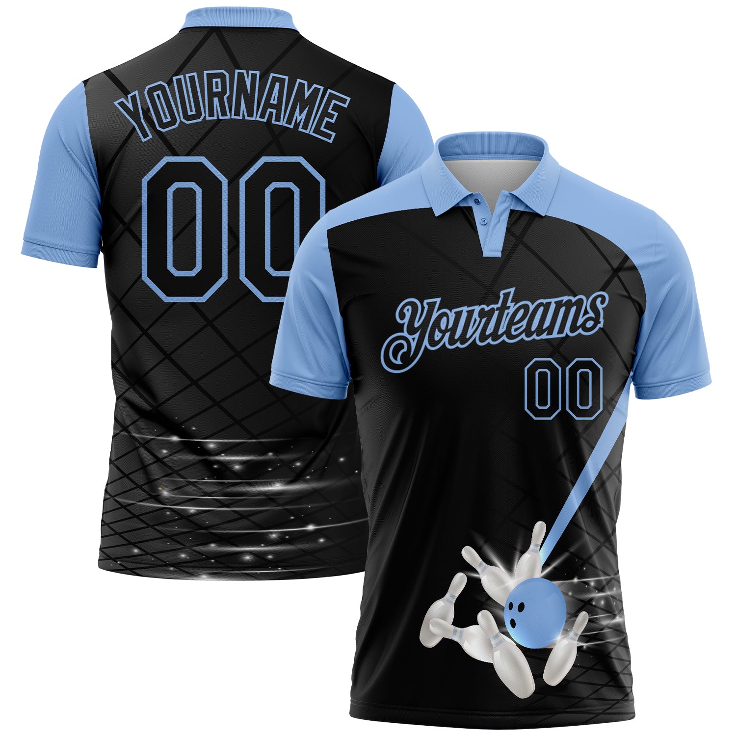 FansIdea Custom Black-Light Blue Bowling Geometric Grid Performance Polo Shirt - $19.99 at Proof Eyewear