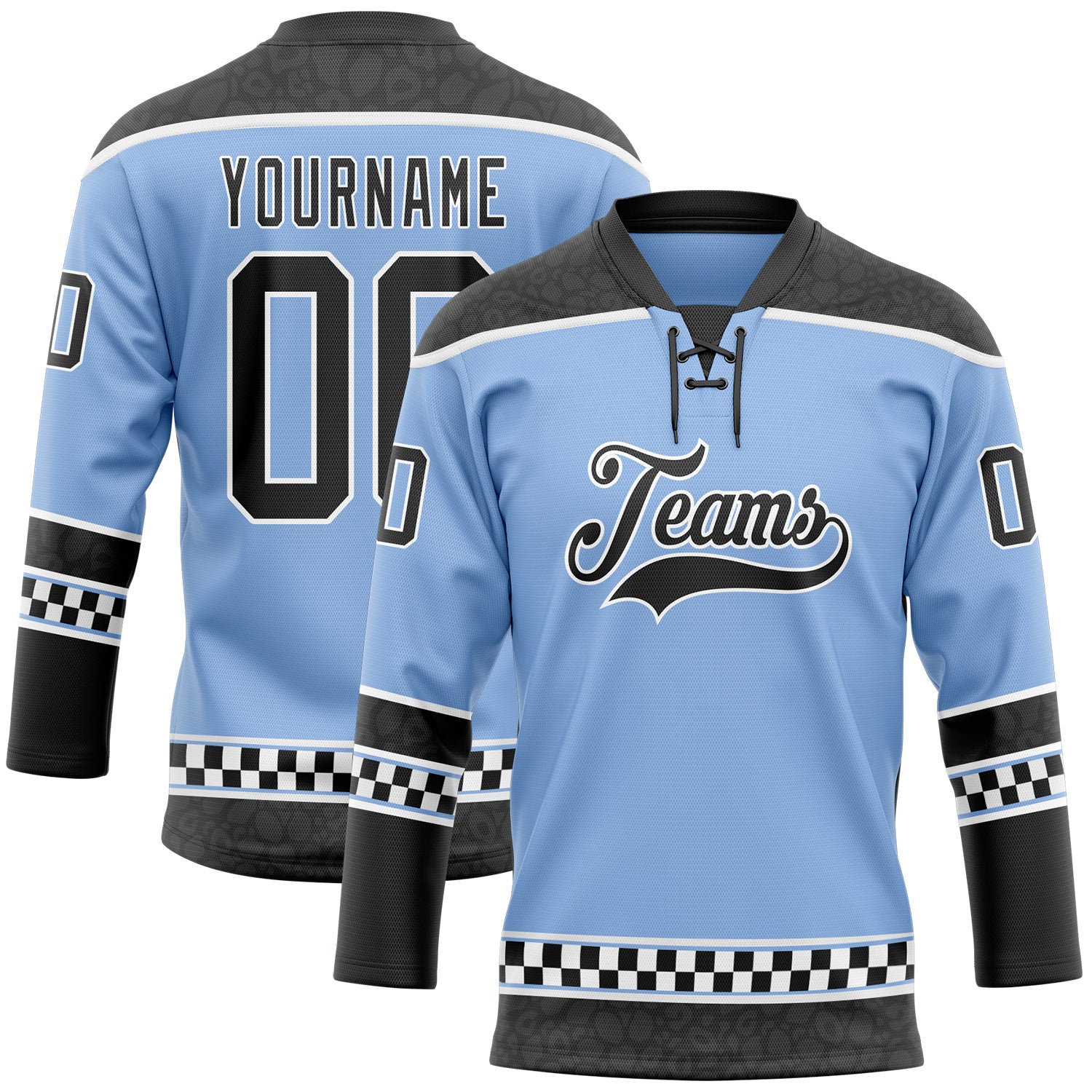 FansIdea Custom Light Blue Black-White Leopard Print Checkered Stripe Lace Neck Hockey Jersey - $29.99 at Proof Eyewear