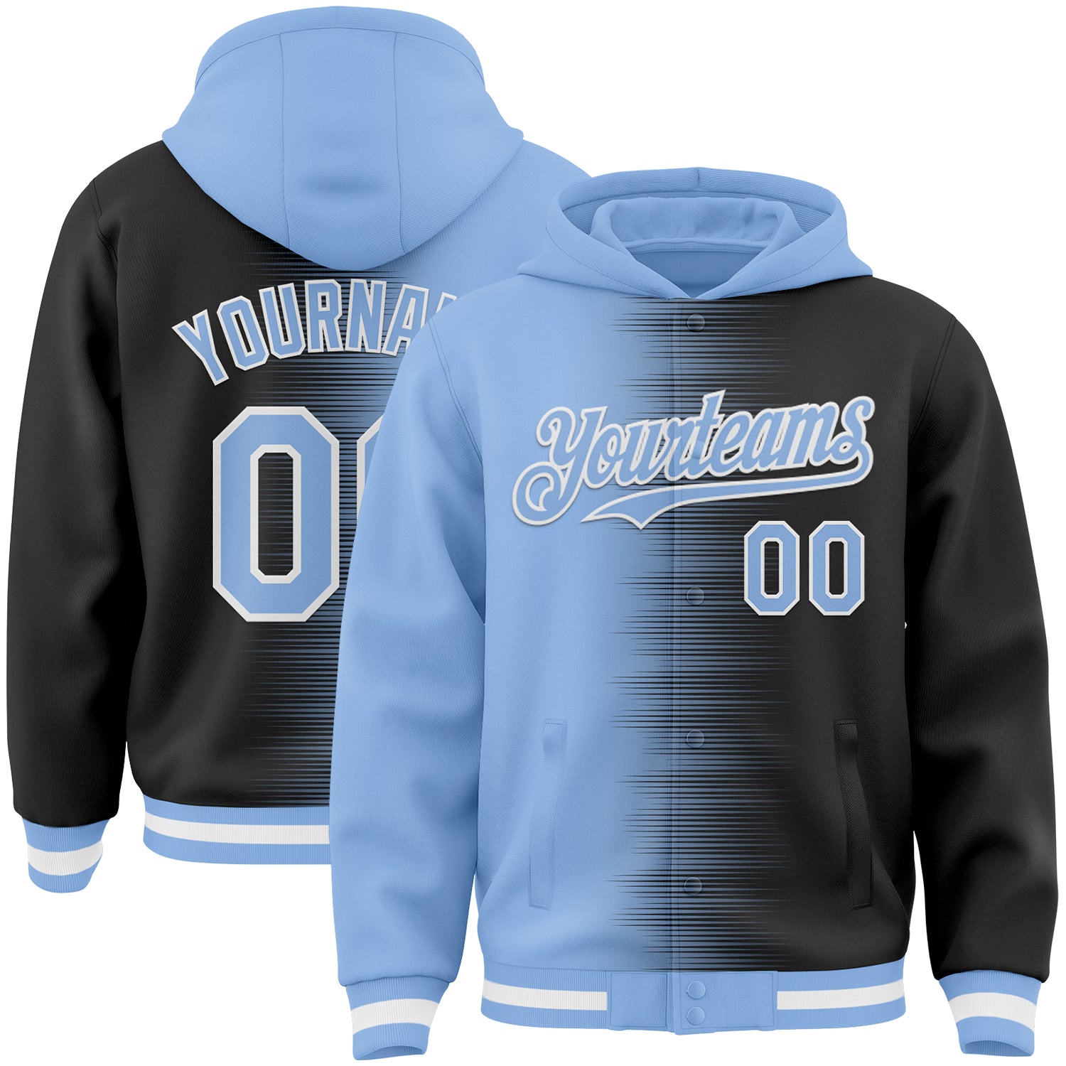 FansIdea Custom Light Blue Black-White Gradient Line Bomber Full-Snap Varsity Letterman Hoodie Jacket - $38.99 at Proof Eyewear
