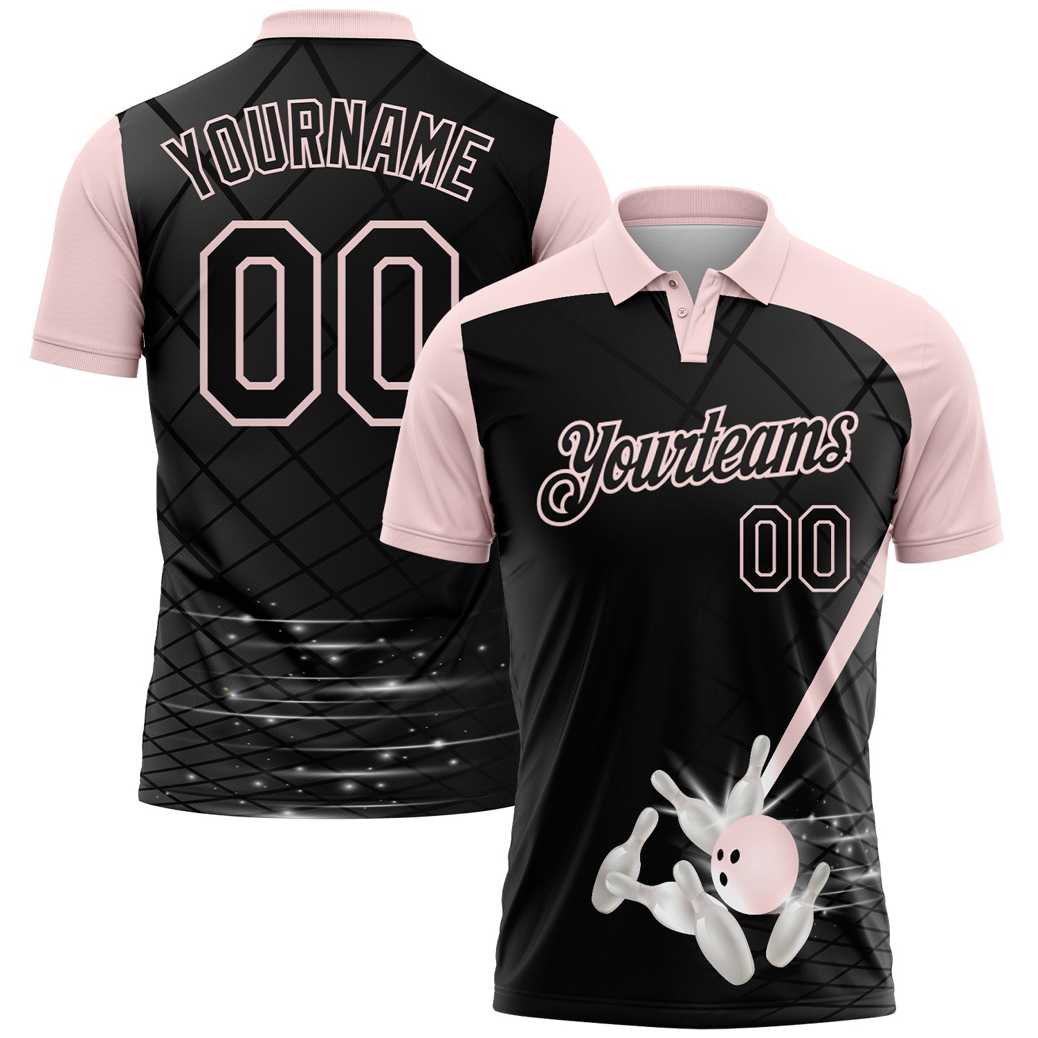 FansIdea Custom Black-Light Pink Bowling Geometric Grid Performance Polo Shirt - $19.99 at Proof Eyewear