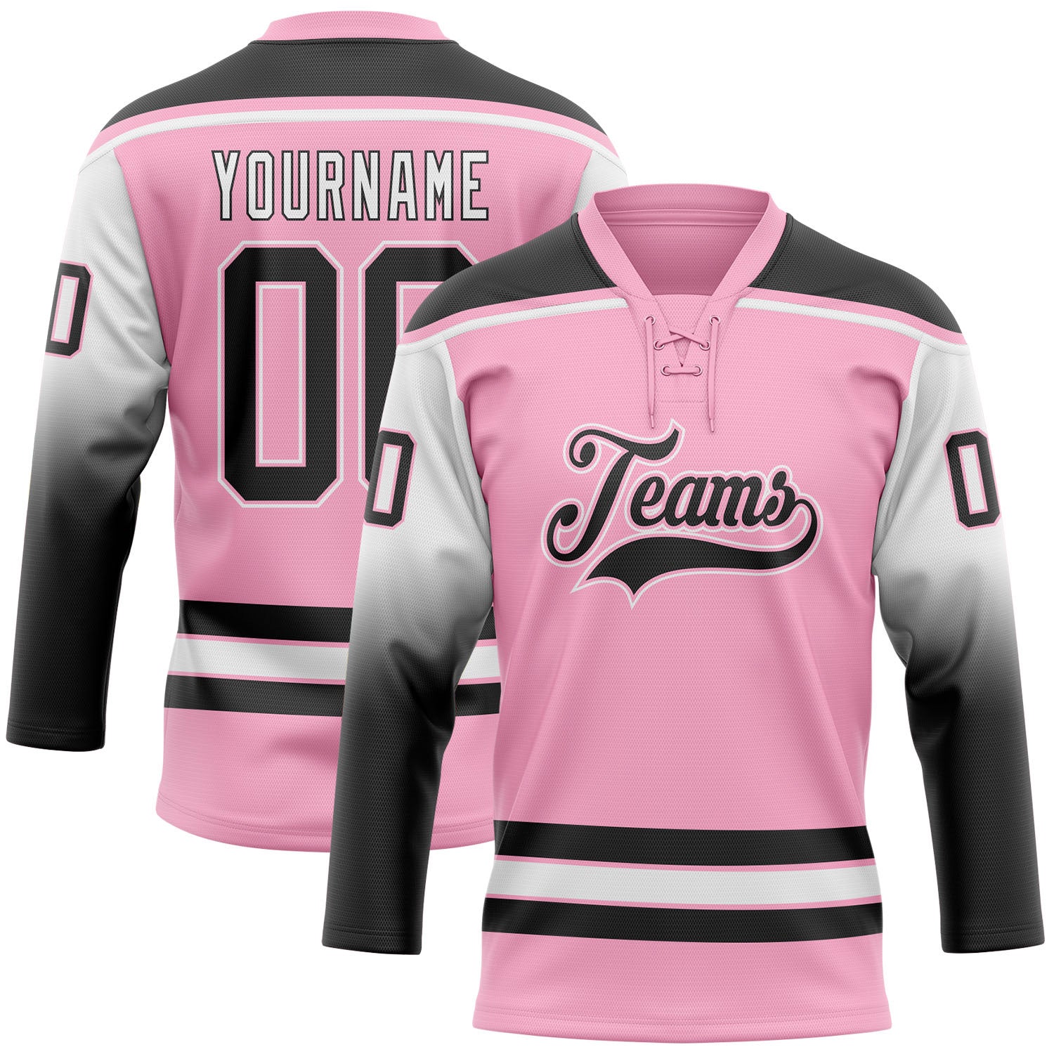 FansIdea Custom Light Pink Black-White Gradient Sleeves Lace Neck Hockey Jersey - $29.99 at Proof Eyewear