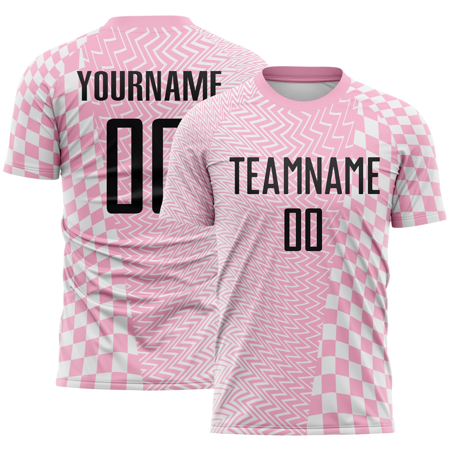 FansIdea Custom Light Pink Black-White Geometric Patchwork Asymmetry Checkered Zigzag Lines Sublimation Soccer Uniform Jersey - $16.99 at Proof Eyewear