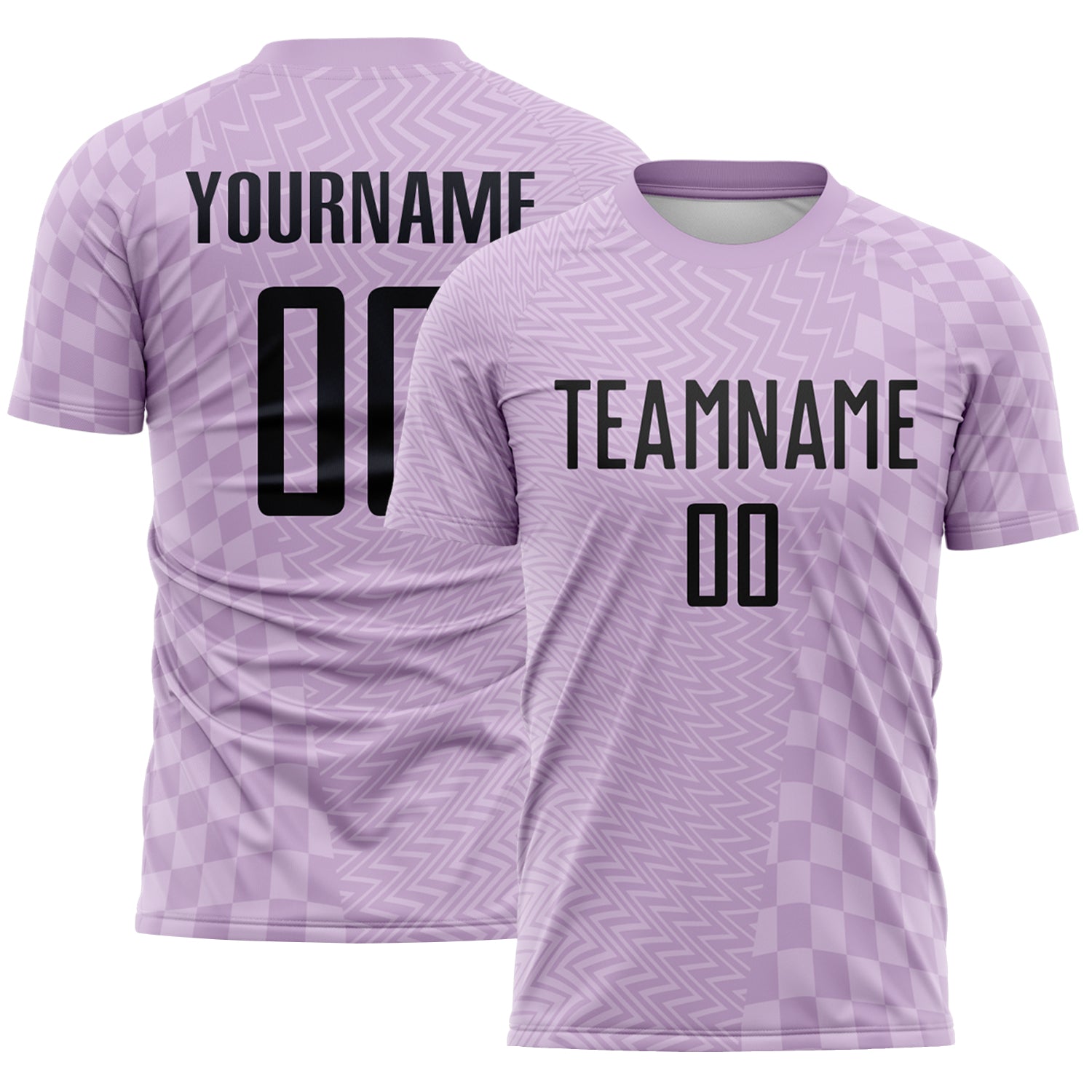 FansIdea Custom Light Purple-Black Geometric Patchwork Asymmetry Checkered Zigzag Lines Sublimation Soccer Uniform Jersey - $16.99 at Proof Eyewear