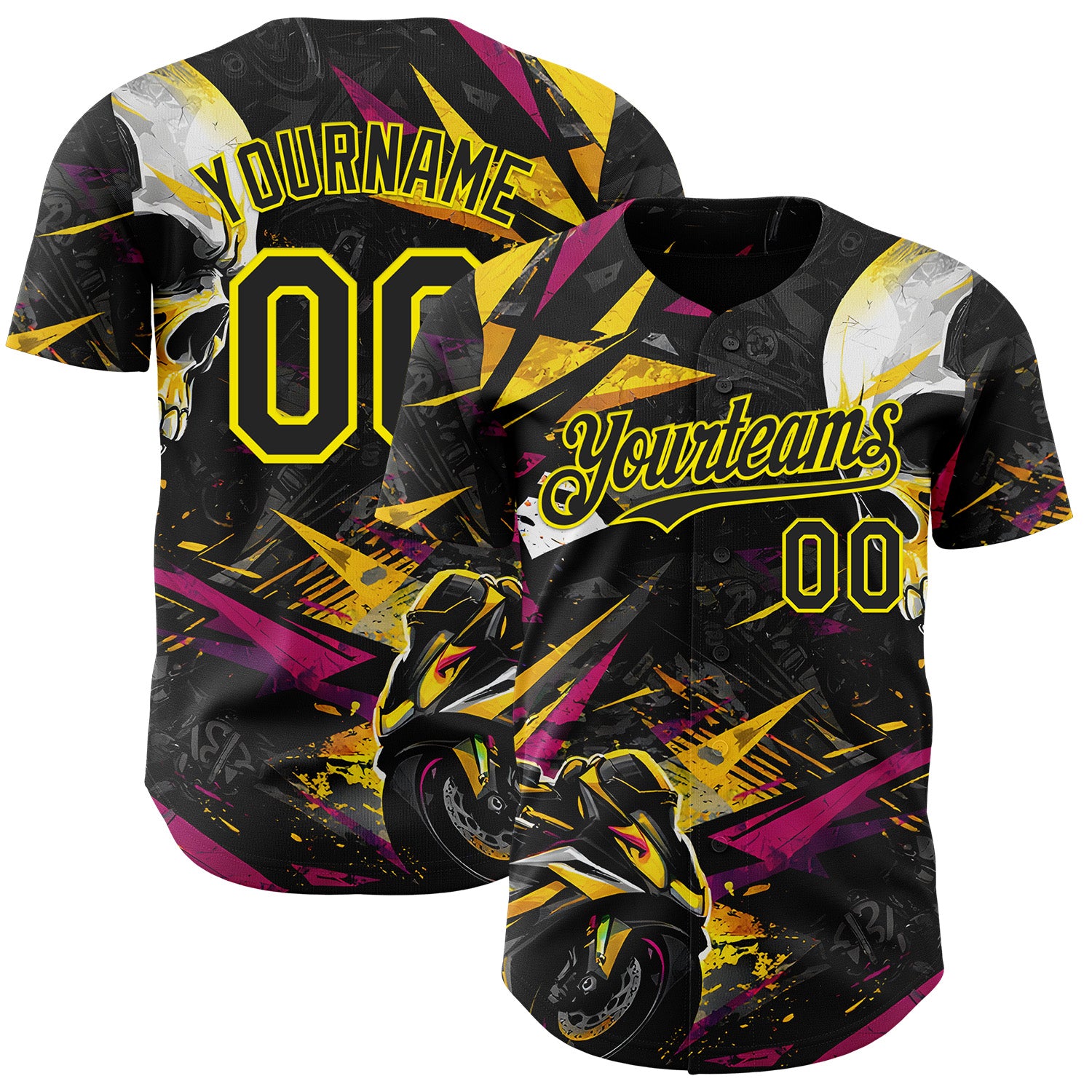 FansIdea Custom Black Deep Pink-Light Yellow 3D Pattern Design Motorcycle Motocross Skull Authentic Baseball Jersey - $29.99 at Proof Eyewear