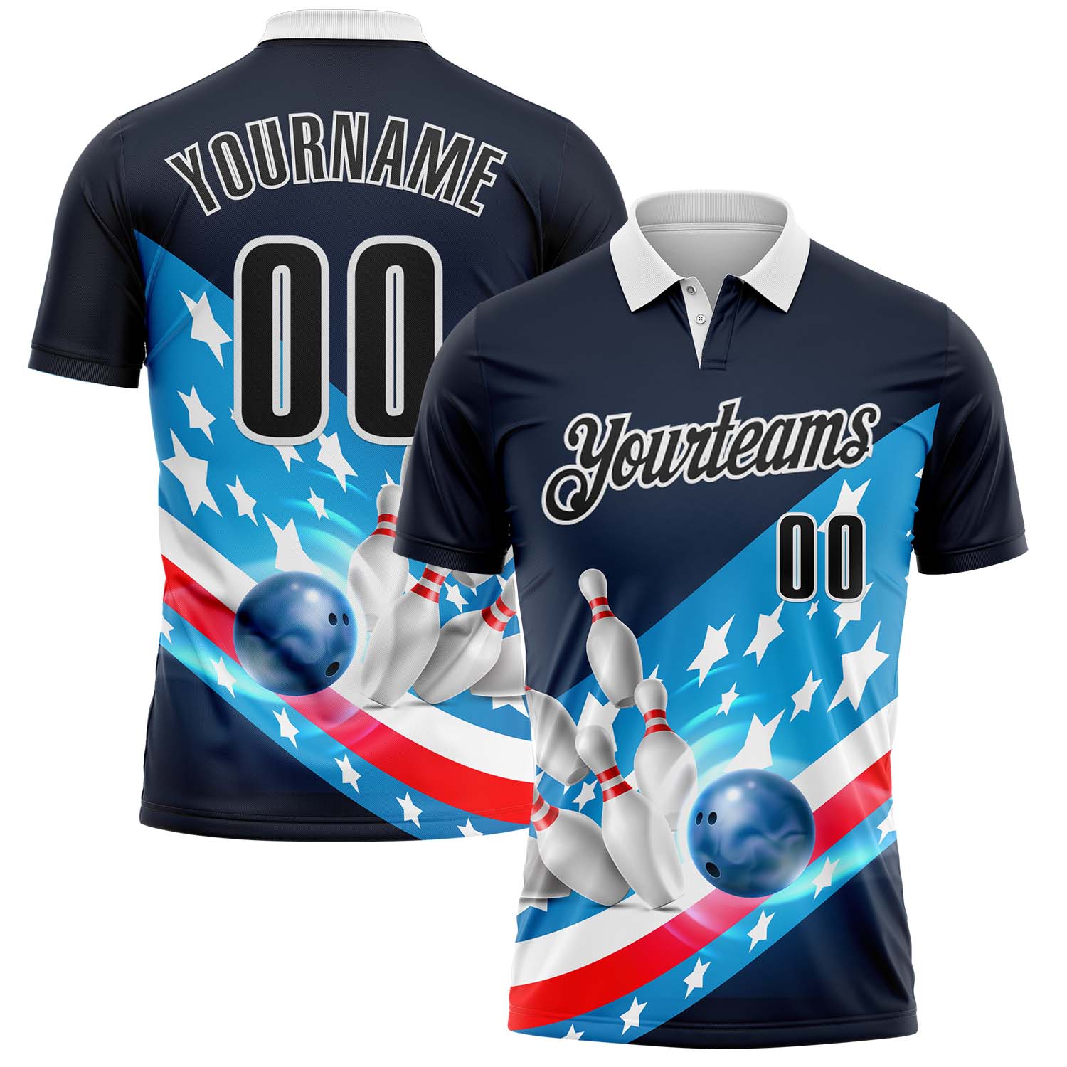 FansIdea Custom Navy Black Blue Red-White Bowling Strike American Flag Performance Polo Shirt - $19.99 at Proof Eyewear