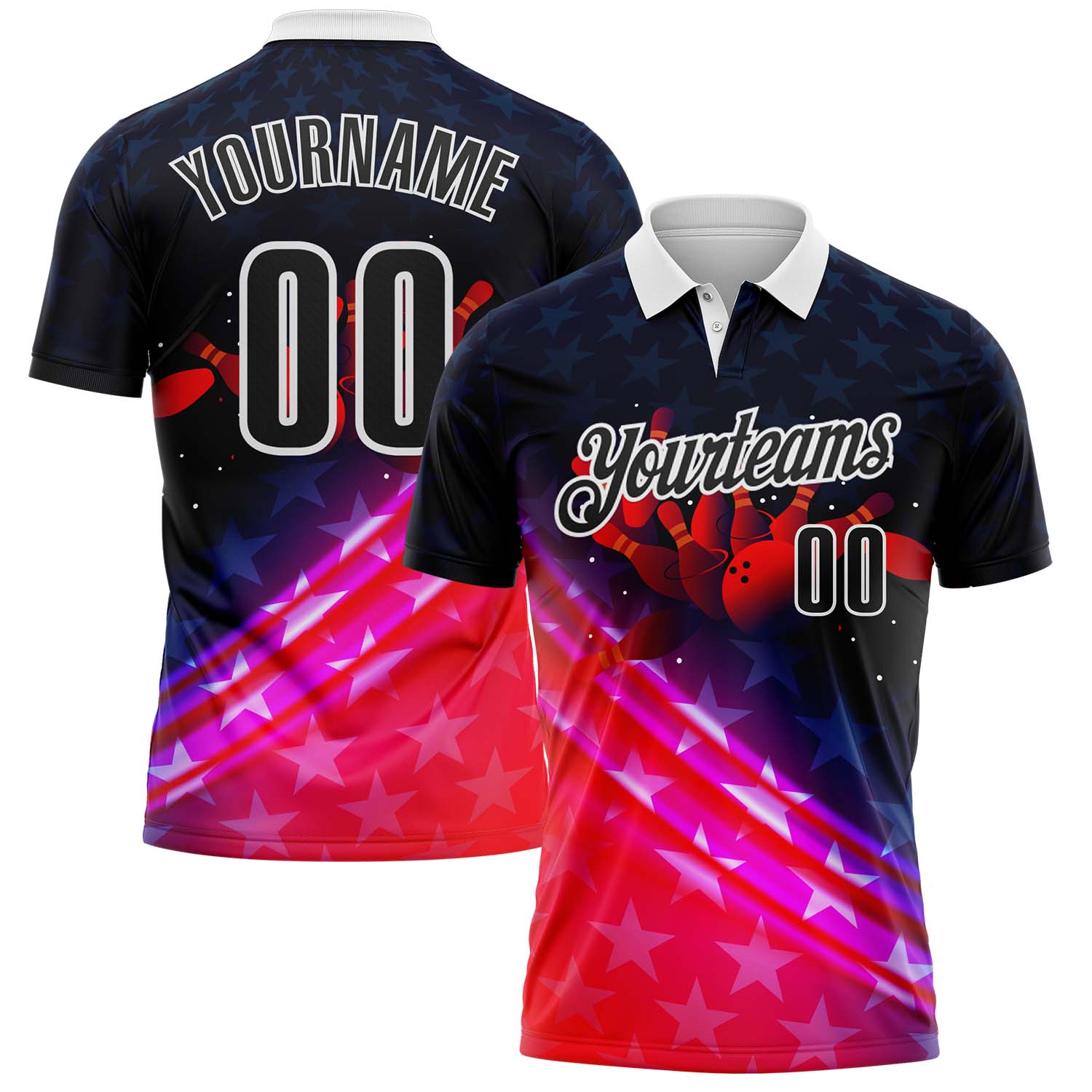 FansIdea Custom Navy Black Red-White Bowling Strike American Inspired Performance Polo Shirt - $19.99 at Proof Eyewear