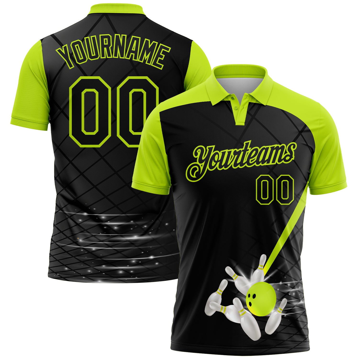 FansIdea Custom Black-Neon Green Bowling Geometric Grid Performance Polo Shirt - $19.99 at Proof Eyewear