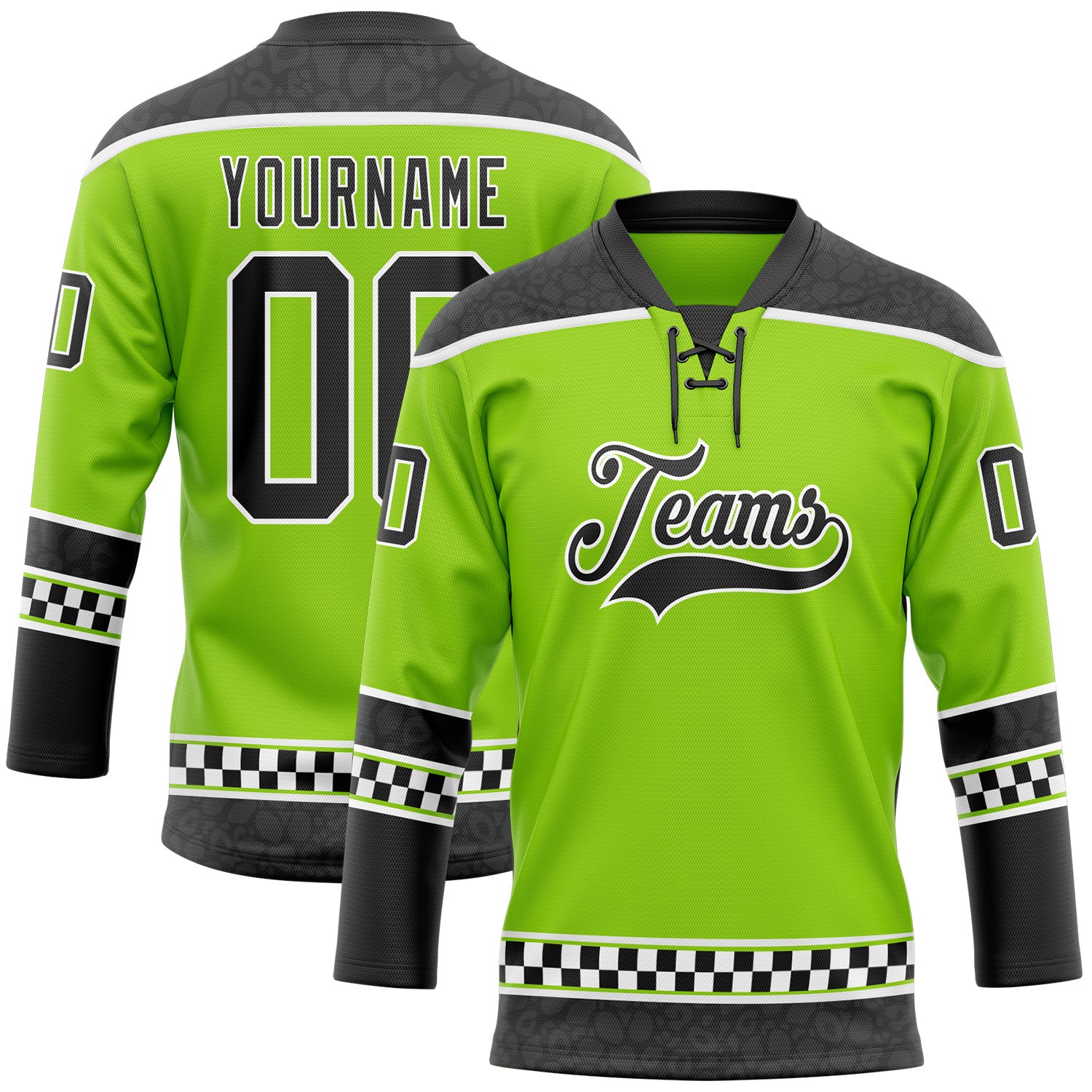 FansIdea Custom Neon Green Black-White Leopard Print Checkered Stripe Lace Neck Hockey Jersey - $29.99 at Proof Eyewear