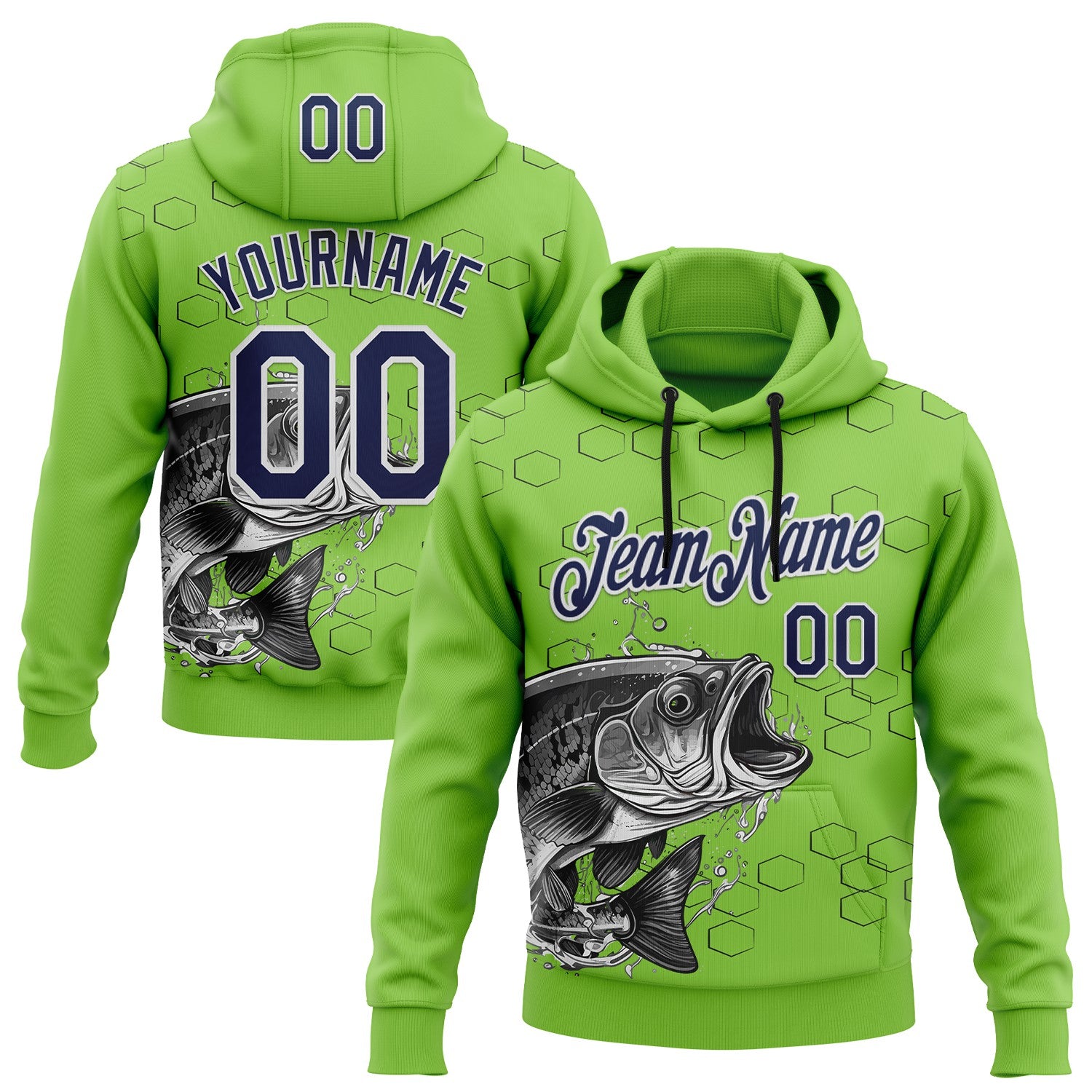 FansIdea Custom Stitched Neon Green Navy Black-White 3D Pattern Design Sportswear Fishing Pullover Sweatshirt Hoodie - $32.99 at Proof Eyewear