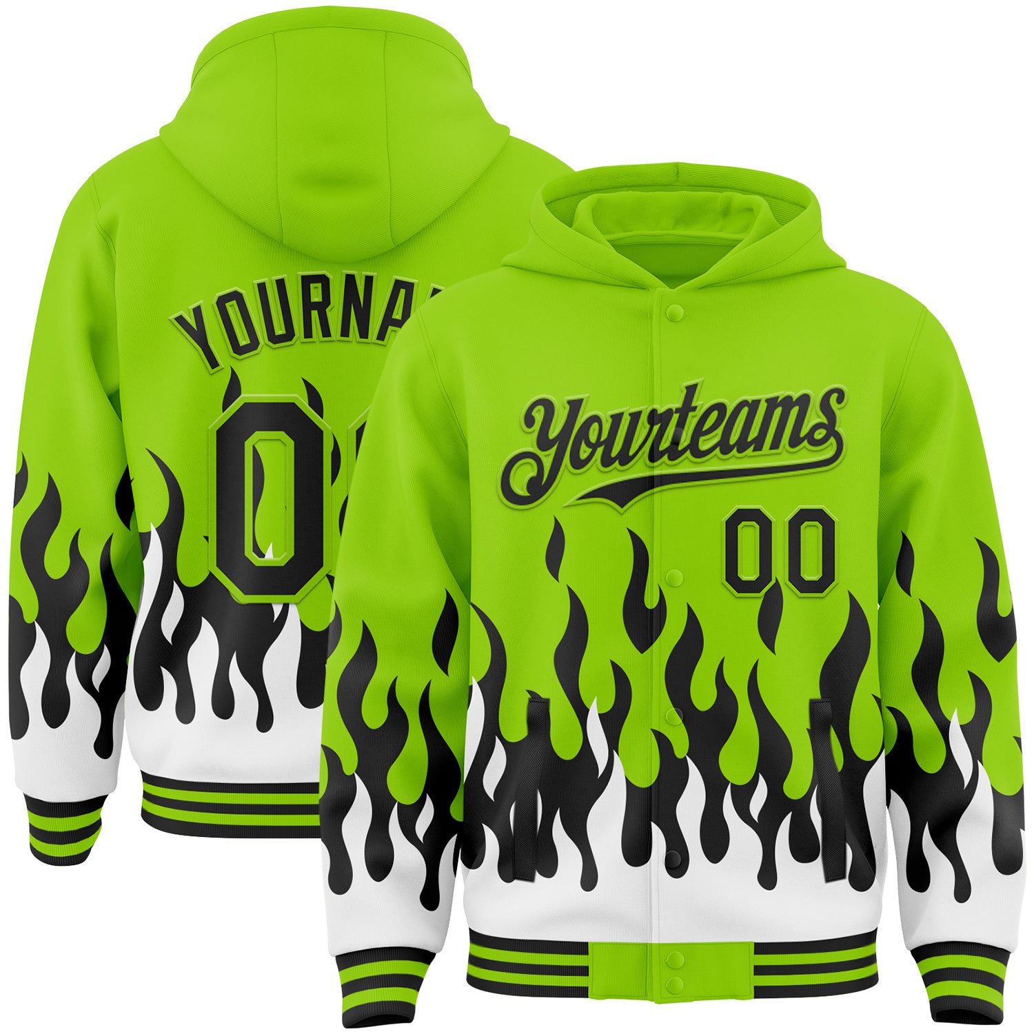 FansIdea Custom Neon Green Black-White Fire Flame Bomber Full-Snap Varsity Letterman Hoodie Jacket - $38.99 at Proof Eyewear