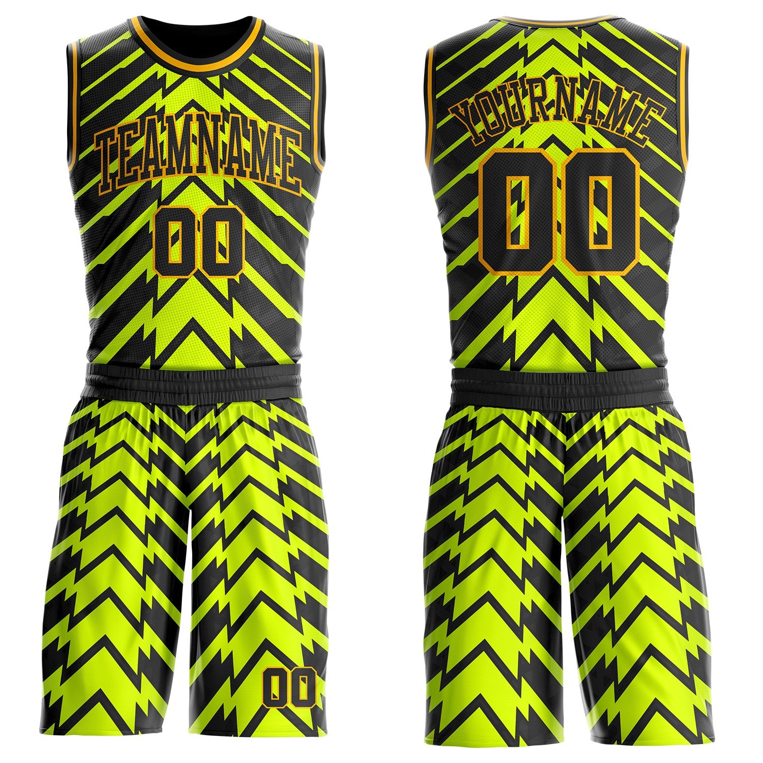 FansIdea Custom Neon Yellow Black-Gold Abstract Arrow Round Neck Sublimation Basketball Uniform Jersey - $25.99 at Proof Eyewear