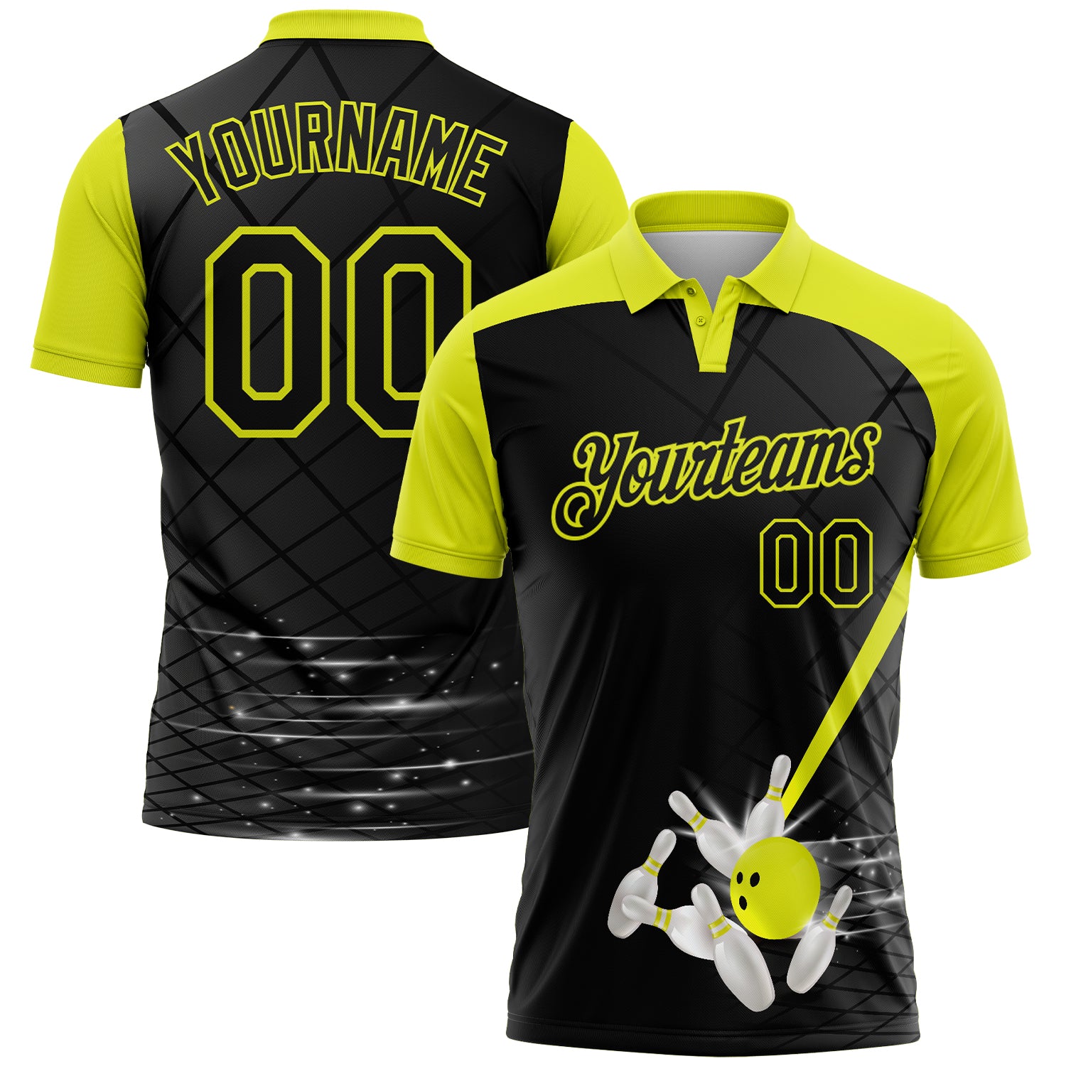FansIdea Custom Black-Neon Yellow Bowling Geometric Grid Performance Polo Shirt - $19.99 at Proof Eyewear