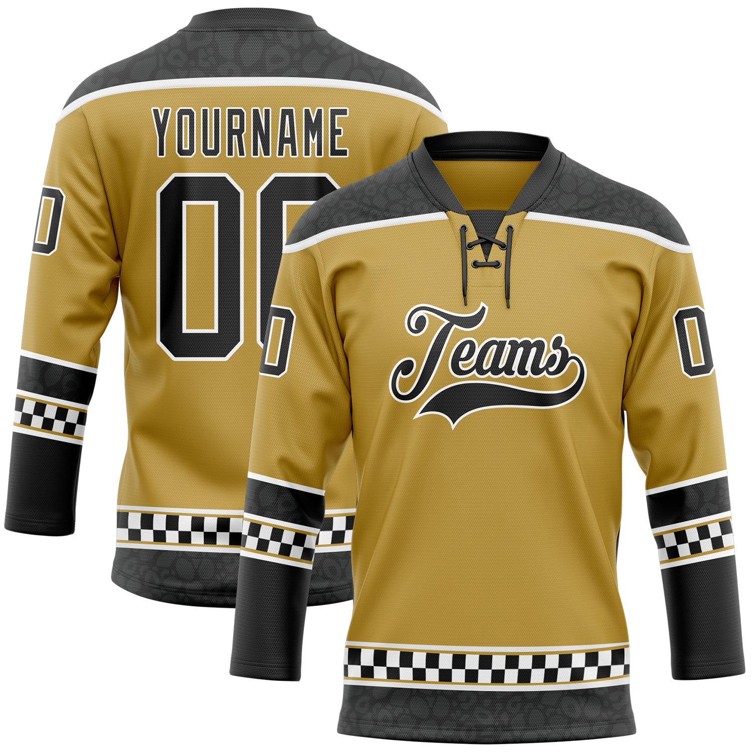FansIdea Custom Old Gold Black-White Leopard Print Checkered Stripe Lace Neck Hockey Jersey - $29.99 at Proof Eyewear