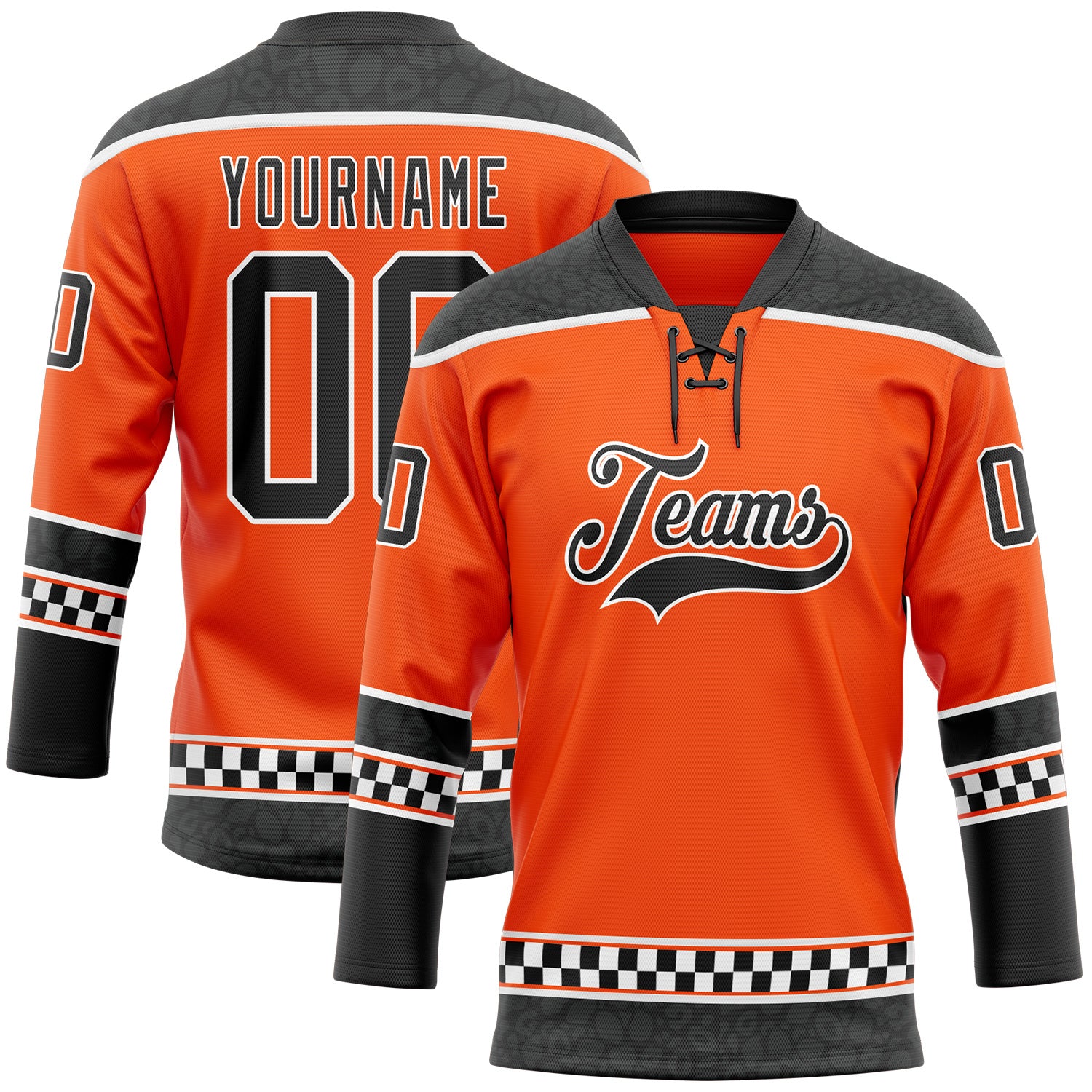 FansIdea Custom Orange Black-White Leopard Print Checkered Stripe Lace Neck Hockey Jersey - $29.99 at Proof Eyewear