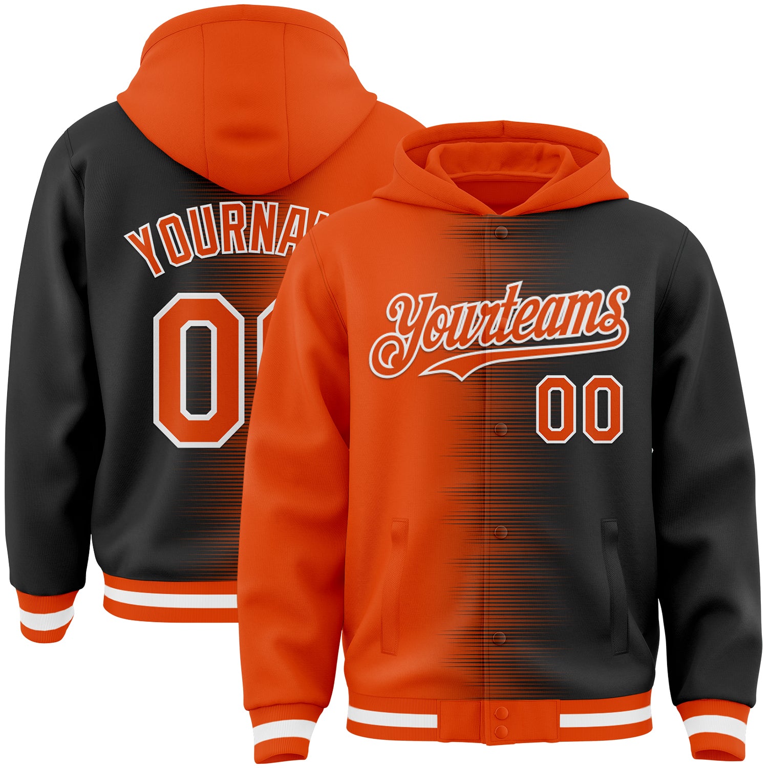 FansIdea Custom Orange Black-White Gradient Line Bomber Full-Snap Varsity Letterman Hoodie Jacket - $38.99 at Proof Eyewear