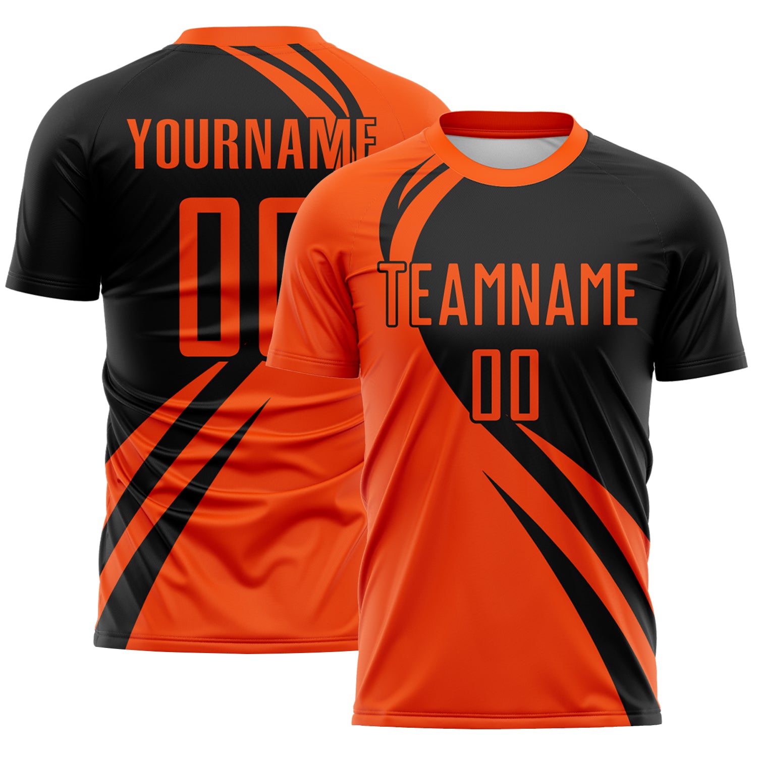 FansIdea Custom Orange Black Diagonal Streamline Color Block Swirl Curve Lines Sublimation Soccer Uniform Jersey - $16.99 at Proof Eyewear