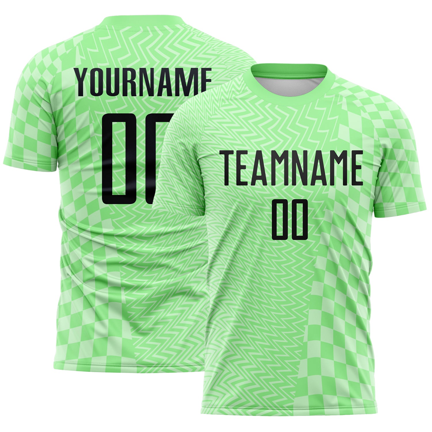FansIdea Custom Pea Green-Black Geometric Patchwork Asymmetry Checkered Zigzag Lines Sublimation Soccer Uniform Jersey - $16.99 at Proof Eyewear