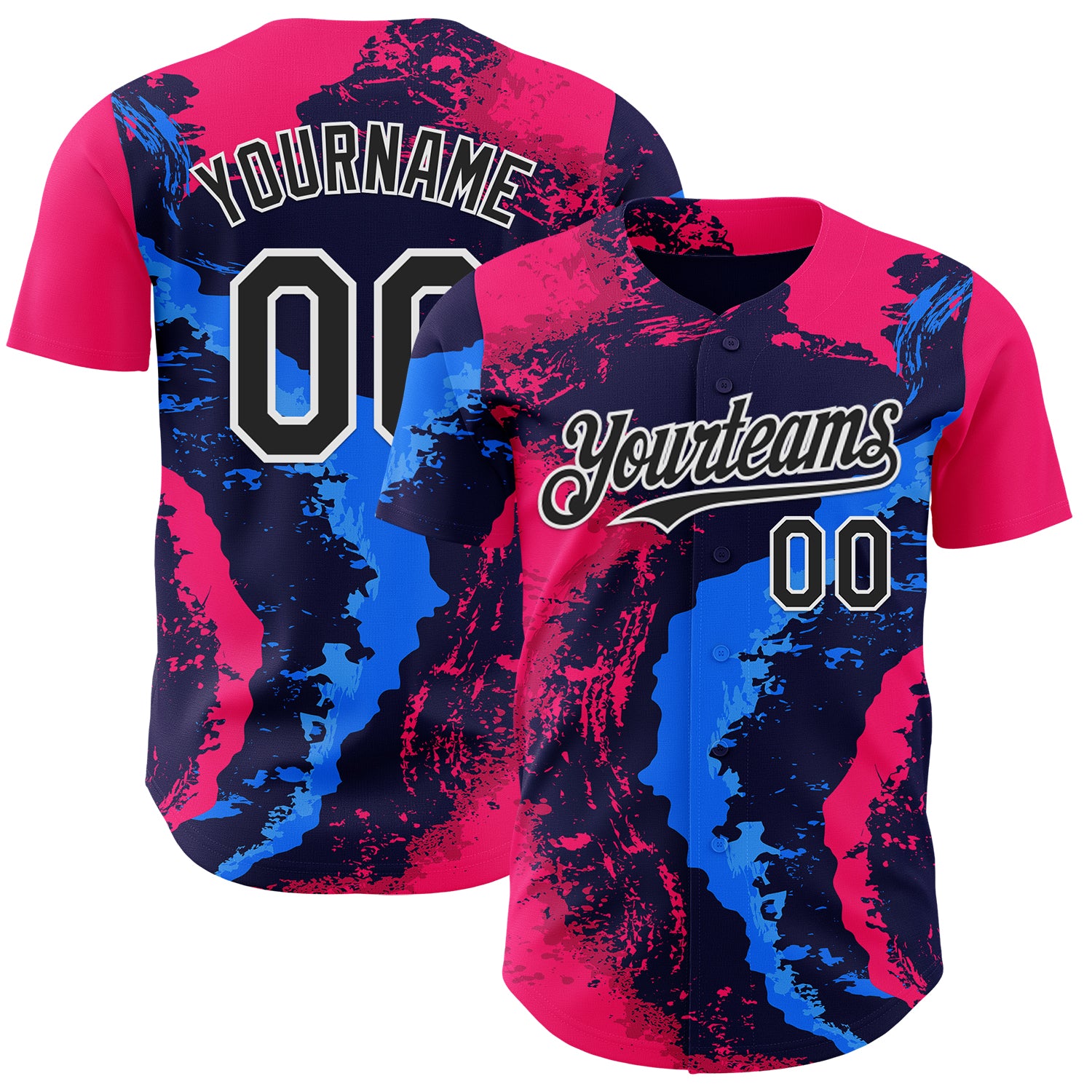 FansIdea Custom Pink Black Blue-White Geometric Patchwork Asymmetry Fluid Swirl Splatter Authentic Baseball Jersey - $29.99 at Proof Eyewear