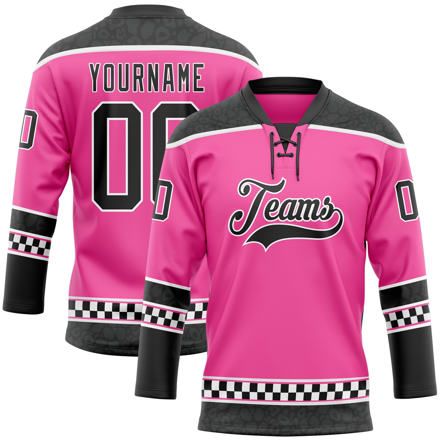 FansIdea Custom Pink Black-White Leopard Print Checkered Stripe Lace Neck Hockey Jersey - $29.99 at Proof Eyewear