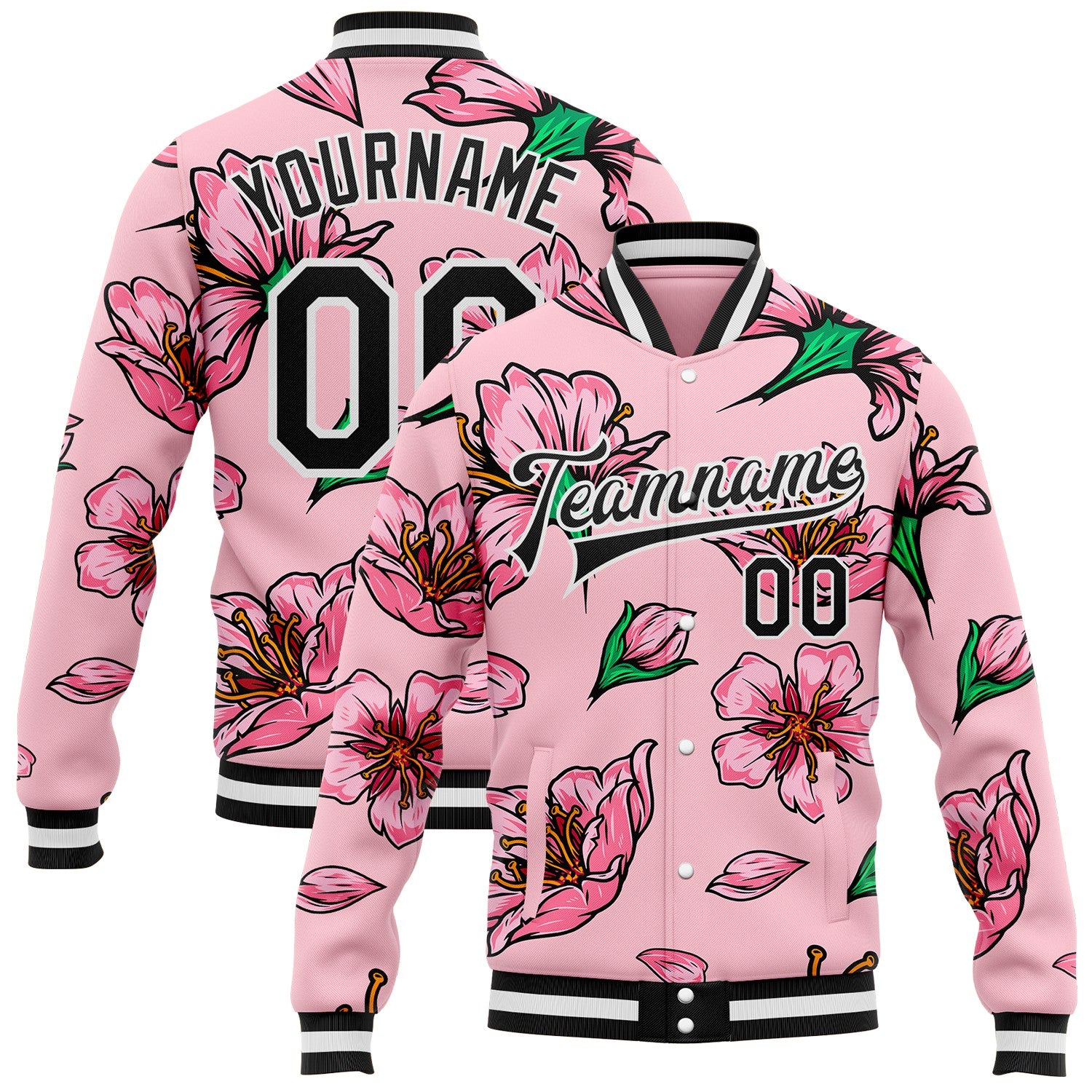 FansIdea Custom Pink Black-White Hawaiian Floral Bomber Full-Snap Varsity Letterman Jacket - $38.99 at Proof Eyewear