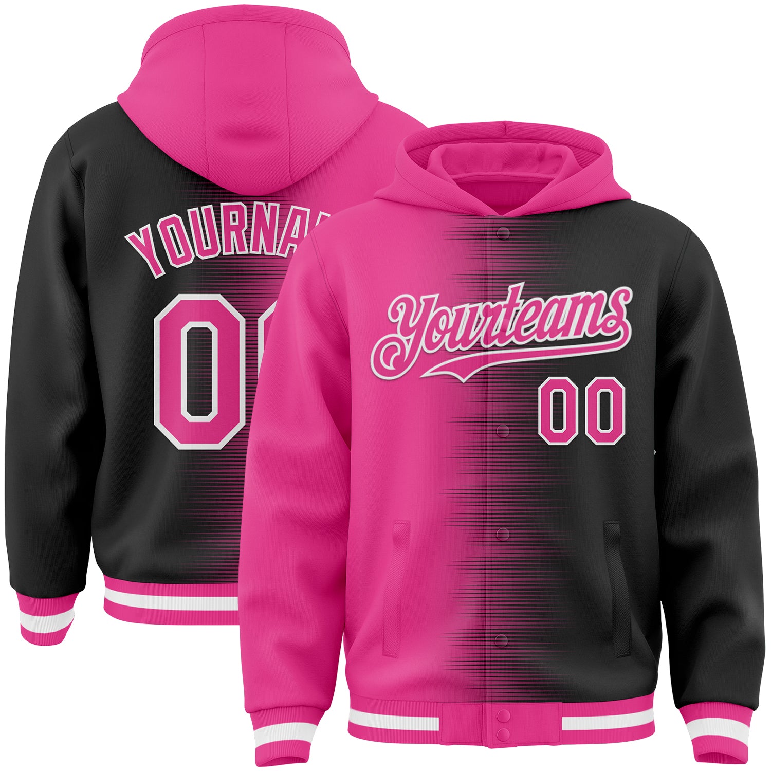 FansIdea Custom Pink Black-White Gradient Line Bomber Full-Snap Varsity Letterman Hoodie Jacket - $38.99 at Proof Eyewear