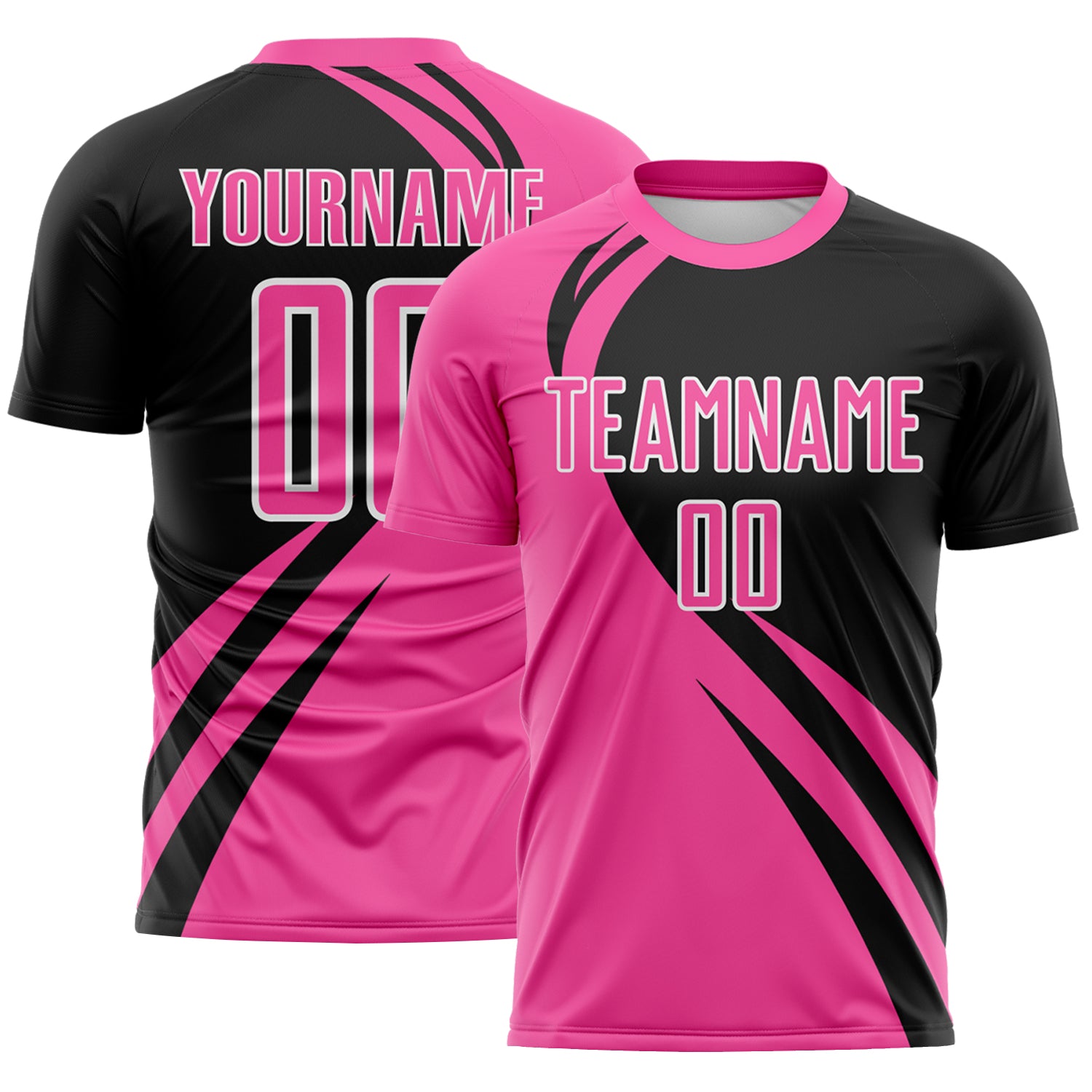 FansIdea Custom Pink Black-White Diagonal Streamline Color Block Swirl Curve Lines Sublimation Soccer Uniform Jersey - $16.99 at Proof Eyewear