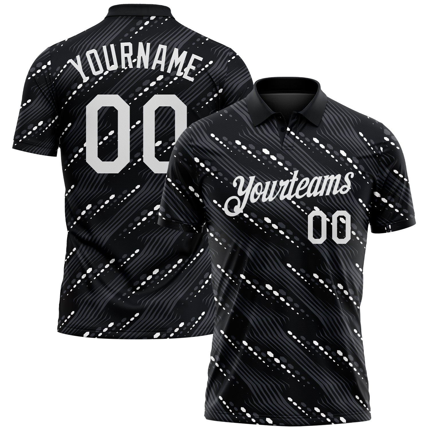 FansIdea Custom Black-White Slant Lines Cyber Mecha Tech Performance Polo Shirt - $19.99 at Proof Eyewear
